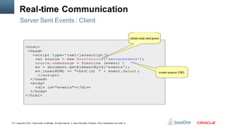 Real-time Communication
         Server Sent Events : Client




10   Copyright © 2012, Oracle and/or its affiliates. All rights reserved.   Insert Information Protection Policy Classification from Slide 13
 