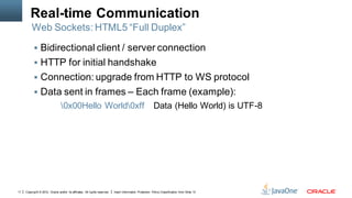 Real-time Communication
         Web Sockets: HTML5 “Full Duplex”

            Bidirectional client / server connection
            HTTP for initial handshake
            Connection: upgrade from HTTP to WS protocol
            Data sent in frames – Each frame (example):
                                 0x00Hello World0xff                                                     Data (Hello World) is UTF-8




11   Copyright © 2012, Oracle and/or its affiliates. All rights reserved.   Insert Information Protection Policy Classification from Slide 13
 