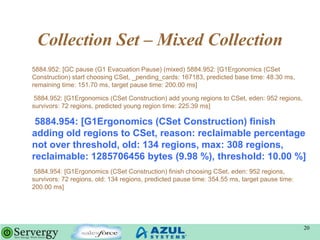Collection Set – Mixed Collection
5884.952: [GC pause (G1 Evacuation Pause) (mixed) 5884.952: [G1Ergonomics (CSet
Construction) start choosing CSet, _pending_cards: 167183, predicted base time: 48.30 ms,
remaining time: 151.70 ms, target pause time: 200.00 ms]
5884.952: [G1Ergonomics (CSet Construction) add young regions to CSet, eden: 952 regions,
survivors: 72 regions, predicted young region time: 225.39 ms]
5884.954: [G1Ergonomics (CSet Construction) finish
adding old regions to CSet, reason: reclaimable percentage
not over threshold, old: 134 regions, max: 308 regions,
reclaimable: 1285706456 bytes (9.98 %), threshold: 10.00 %]
5884.954: [G1Ergonomics (CSet Construction) finish choosing CSet, eden: 952 regions,
survivors: 72 regions, old: 134 regions, predicted pause time: 354.55 ms, target pause time:
200.00 ms]
20
 