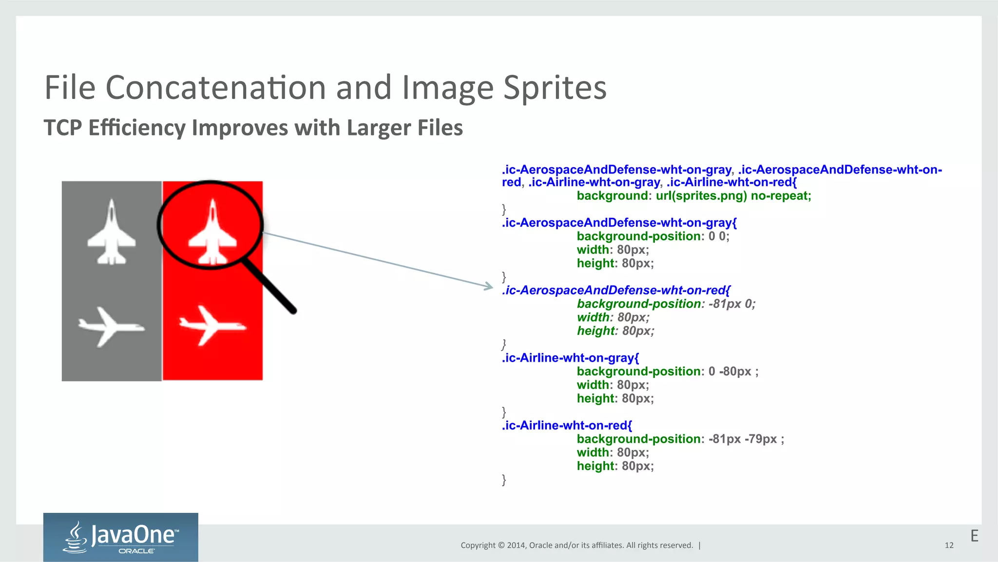 File 
Concatena=on 
and 
Image 
Sprites 
TCP 
Efficiency 
Improves 
with 
Larger 
Files 
Copyright 
© 
2014, 
Oracle 
and/or 
its 
affiliates. 
All 
rights 
reserved. 
| 
E 
12 
.ic-AerospaceAndDefense-wht-on-gray, .ic-AerospaceAndDefense-wht-on-red, 
.ic-Airline-wht-on-gray, .ic-Airline-wht-on-red{ 
background: url(sprites.png) no-repeat; 
} 
.ic-AerospaceAndDefense-wht-on-gray{ 
background-position: 0 0; 
width: 80px; 
height: 80px; 
} 
.ic-AerospaceAndDefense-wht-on-red{ 
background-position: -81px 0; 
width: 80px; 
height: 80px; 
} 
.ic-Airline-wht-on-gray{ 
background-position: 0 -80px ; 
width: 80px; 
height: 80px; 
} 
.ic-Airline-wht-on-red{ 
background-position: -81px -79px ; 
width: 80px; 
height: 80px; 
} 
 