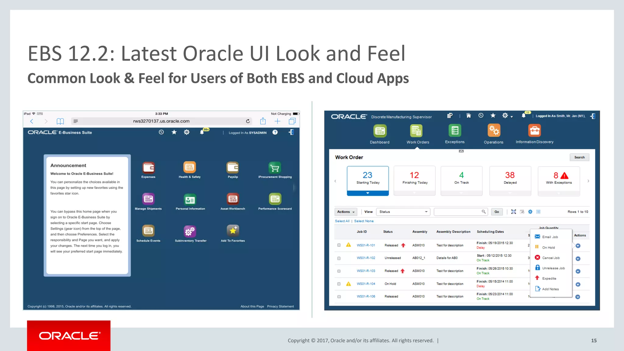 Copyright © 2017, Oracle and/or its affiliates. All rights reserved. | 15
EBS 12.2: Latest Oracle UI Look and Feel
Common Look & Feel for Users of Both EBS and Cloud Apps
 