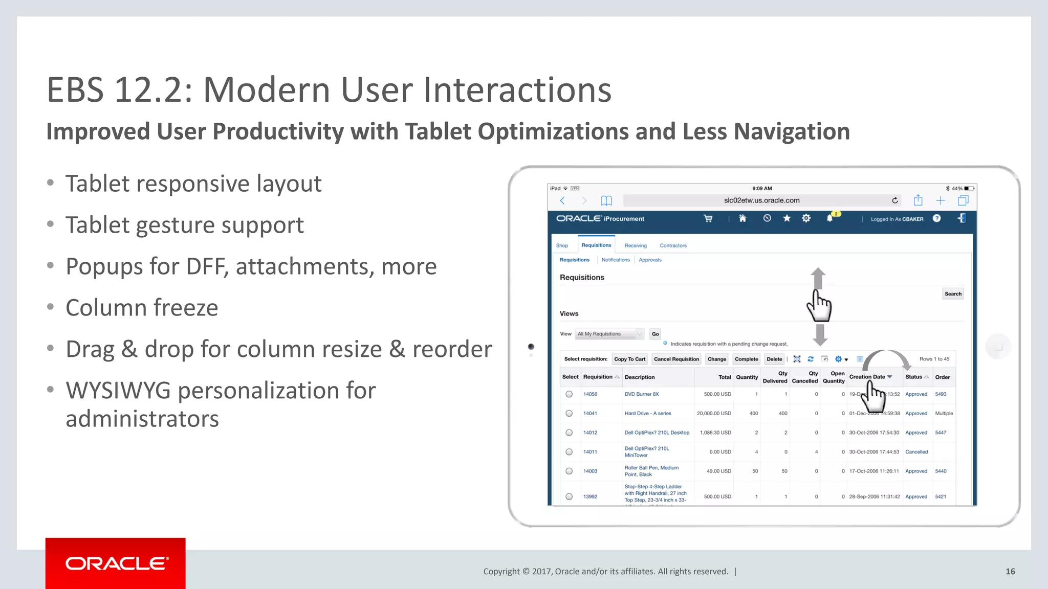 Copyright © 2017, Oracle and/or its affiliates. All rights reserved. |
EBS 12.2: Modern User Interactions
• Tablet responsive layout
• Tablet gesture support
• Popups for DFF, attachments, more
• Column freeze
• Drag & drop for column resize & reorder
• WYSIWYG personalization for
administrators
16
Improved User Productivity with Tablet Optimizations and Less Navigation
 