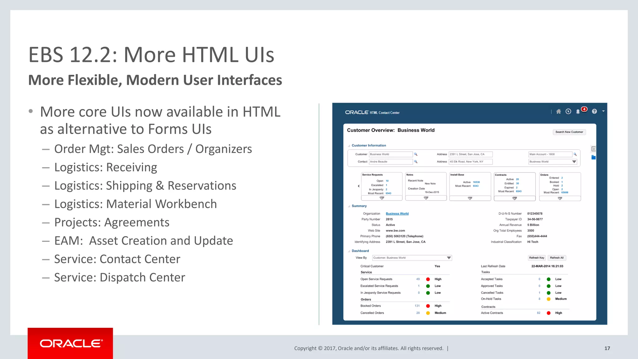 Copyright © 2017, Oracle and/or its affiliates. All rights reserved. |
• More core UIs now available in HTML
as alternative to Forms UIs
– Order Mgt: Sales Orders / Organizers
– Logistics: Receiving
– Logistics: Shipping & Reservations
– Logistics: Material Workbench
– Projects: Agreements
– EAM: Asset Creation and Update
– Service: Contact Center
– Service: Dispatch Center
17
EBS 12.2: More HTML UIs
More Flexible, Modern User Interfaces
 
