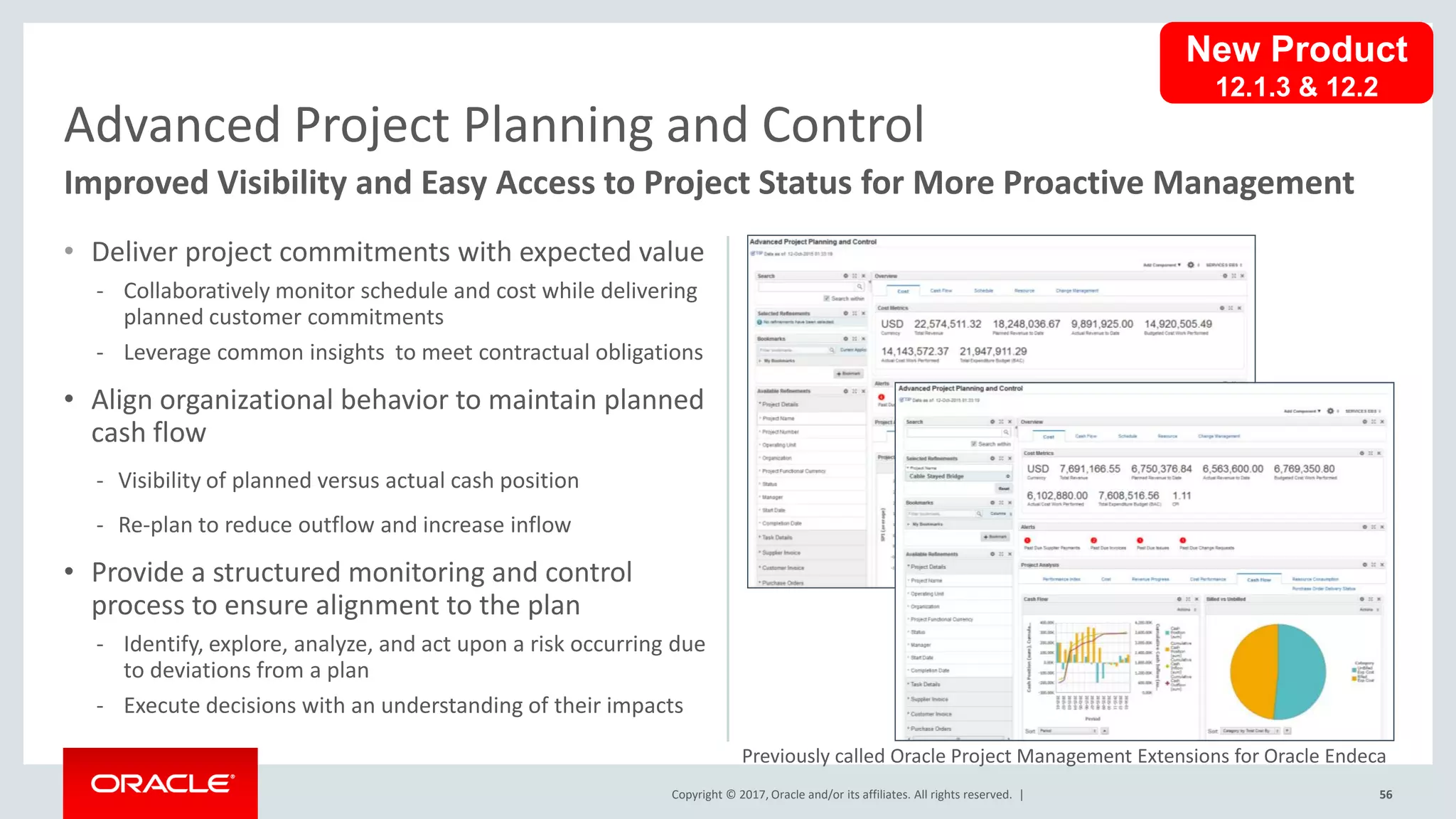 Copyright © 2017, Oracle and/or its affiliates. All rights reserved. |
• Deliver project commitments with expected value
- Collaboratively monitor schedule and cost while delivering
planned customer commitments
- Leverage common insights to meet contractual obligations
• Align organizational behavior to maintain planned
cash flow
- Visibility of planned versus actual cash position
- Re-plan to reduce outflow and increase inflow
• Provide a structured monitoring and control
process to ensure alignment to the plan
- Identify, explore, analyze, and act upon a risk occurring due
to deviations from a plan
- Execute decisions with an understanding of their impacts
56
Advanced Project Planning and Control
Improved Visibility and Easy Access to Project Status for More Proactive Management
New Product
12.1.3 & 12.2
Previously called Oracle Project Management Extensions for Oracle Endeca
 