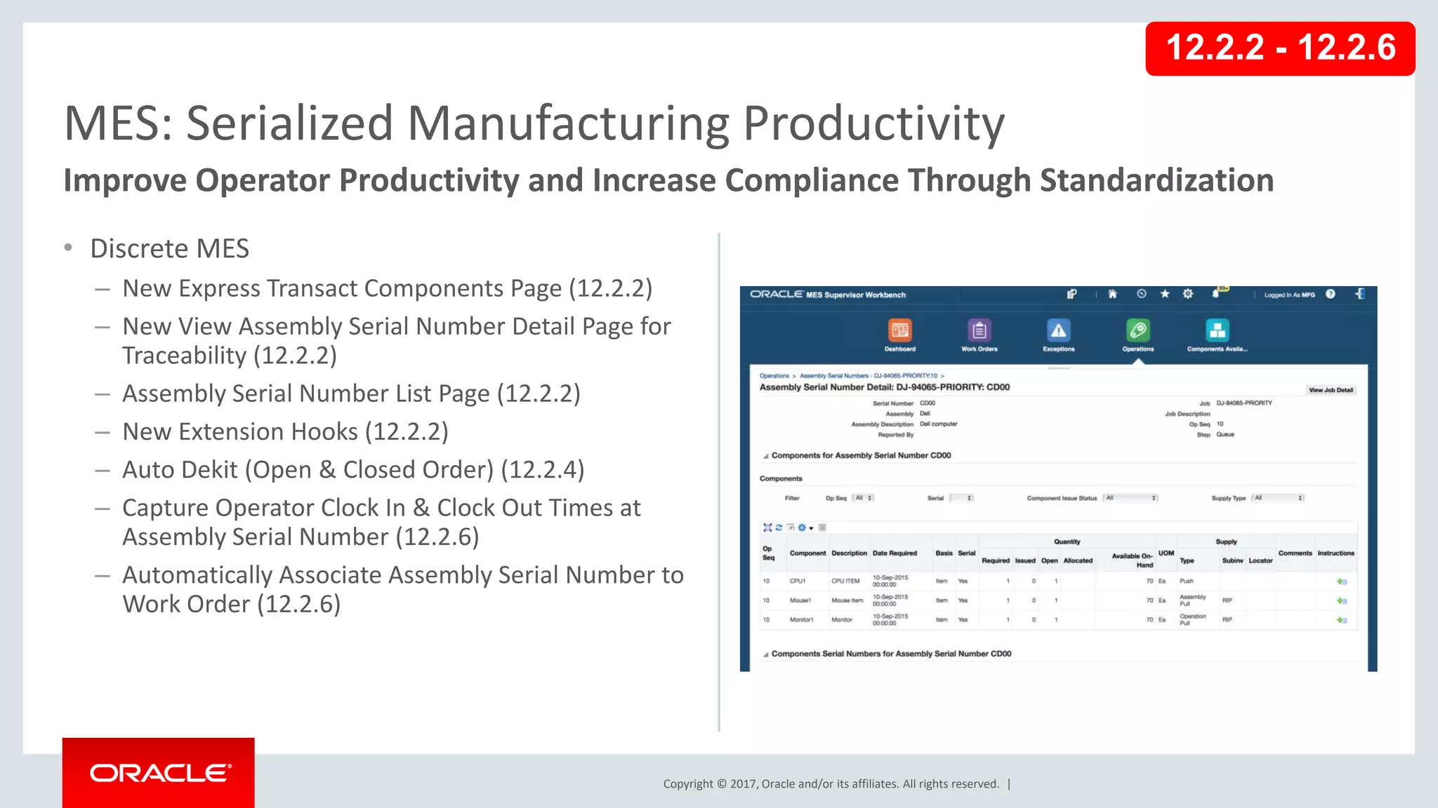Copyright © 2017, Oracle and/or its affiliates. All rights reserved. |
• Discrete MES
– New Express Transact Components Page (12.2.2)
– New View Assembly Serial Number Detail Page for
Traceability (12.2.2)
– Assembly Serial Number List Page (12.2.2)
– New Extension Hooks (12.2.2)
– Auto Dekit (Open & Closed Order) (12.2.4)
– Capture Operator Clock In & Clock Out Times at
Assembly Serial Number (12.2.6)
– Automatically Associate Assembly Serial Number to
Work Order (12.2.6)
MES: Serialized Manufacturing Productivity
Improve Operator Productivity and Increase Compliance Through Standardization
12.2.2 - 12.2.6
 