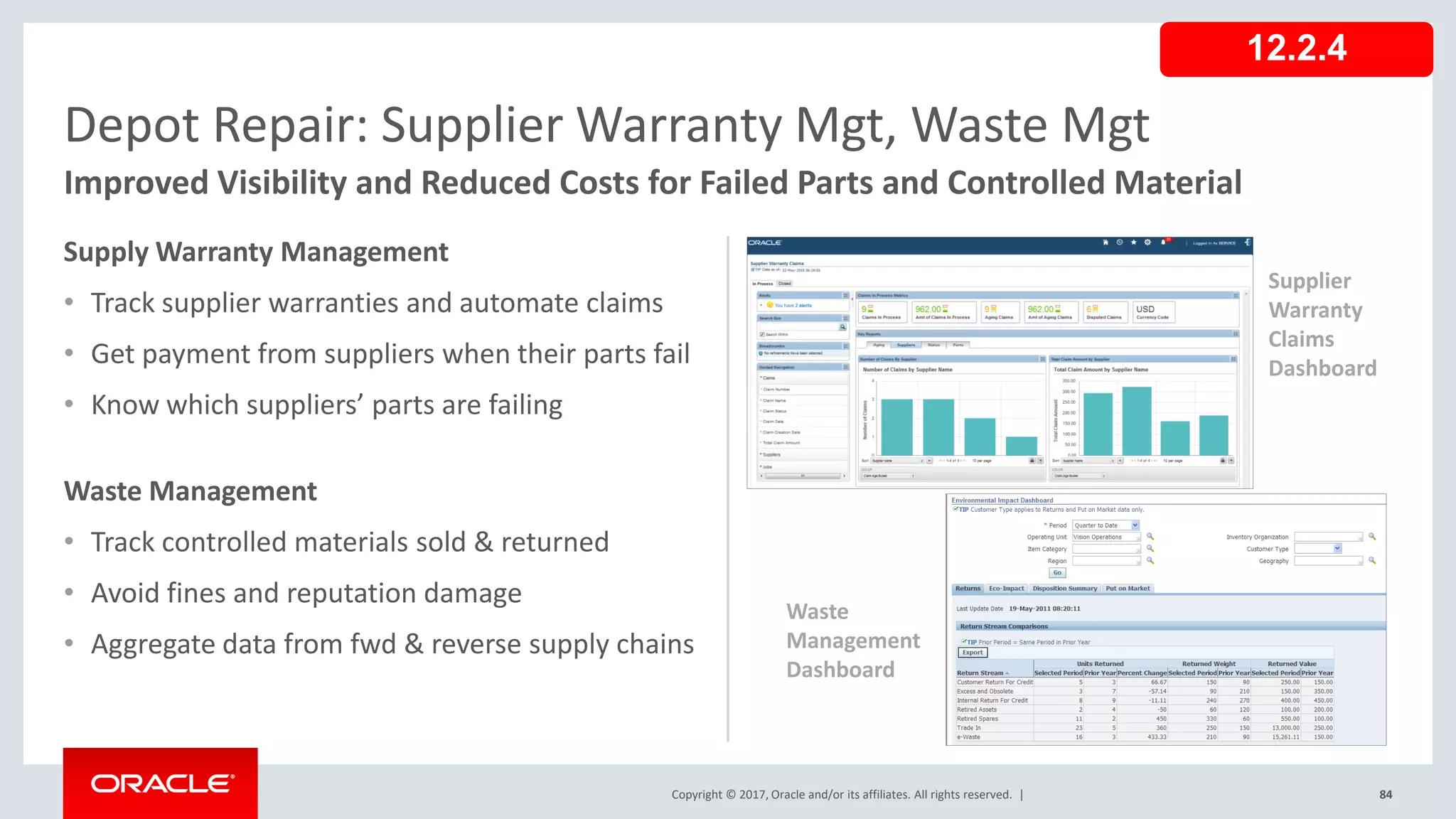 Copyright © 2017, Oracle and/or its affiliates. All rights reserved. |
Supply Warranty Management
• Track supplier warranties and automate claims
• Get payment from suppliers when their parts fail
• Know which suppliers’ parts are failing
Waste Management
• Track controlled materials sold & returned
• Avoid fines and reputation damage
• Aggregate data from fwd & reverse supply chains
84
Depot Repair: Supplier Warranty Mgt, Waste Mgt
Improved Visibility and Reduced Costs for Failed Parts and Controlled Material
Waste
Management
Dashboard
Supplier
Warranty
Claims
Dashboard
12.2.4
 