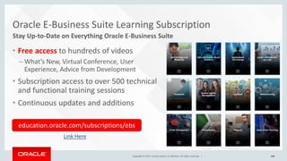 Copyright © 2017, Oracle and/or its affiliates. All rights reserved. | 108
Copyright © 2017, Oracle and/or its affiliates. All rights reserved. | 108
Oracle E-Business Suite Learning Subscription
Stay Up-to-Date on Everything Oracle E-Business Suite
• Free access to hundreds of videos
– What’s New, Virtual Conference, User
Experience, Advice from Development
• Subscription access to over 500 technical
and functional training sessions
• Continuous updates and additions
education.oracle.com/subscriptions/ebs
Link Here
 