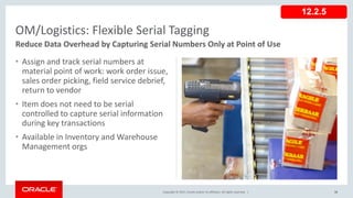 Copyright © 2017, Oracle and/or its affiliates. All rights reserved. |
• Assign and track serial numbers at
material point of work: work order issue,
sales order picking, field service debrief,
return to vendor
• Item does not need to be serial
controlled to capture serial information
during key transactions
• Available in Inventory and Warehouse
Management orgs
32
OM/Logistics: Flexible Serial Tagging
Reduce Data Overhead by Capturing Serial Numbers Only at Point of Use
12.2.5
 