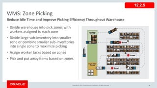 Copyright © 2017, Oracle and/or its affiliates. All rights reserved. |
• Divide warehouse into pick zones with
workers assigned to each zone
• Divide large sub-inventory into smaller
zone or combine smaller sub-inventories
into single zone to maximize picking
• Assign worker tasks based on zones
• Pick and put away items based on zones
33
WMS: Zone Picking
Reduce Idle Time and Improve Picking Efficiency Throughout Warehouse
12.2.5
 