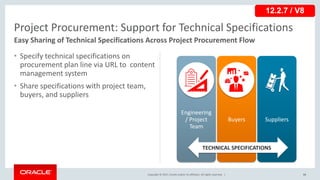 Copyright © 2017, Oracle and/or its affiliates. All rights reserved. |
• Specify technical specifications on
procurement plan line via URL to content
management system
• Share specifications with project team,
buyers, and suppliers
Project Procurement: Support for Technical Specifications
Easy Sharing of Technical Specifications Across Project Procurement Flow
12.2.7 / V8
Engineering
/ Project
Team
Buyers Suppliers
TECHNICAL SPECIFICATIONS
53
 