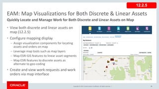 Copyright © 2017, Oracle and/or its affiliates. All rights reserved. |
• View both discrete and linear assets on
map (12.2.5)
• Configure mapping display
– Assign visualization components for locating
assets and orders on map
– Leverage map tools such as map layers
– Map ESRI GIS features to linear asset segments
– Map ESRI features to discrete assets as
alternate to geo-coding
• Create and view work requests and work
orders via map interface
74
EAM: Map Visualizations for Both Discrete & Linear Assets
Quickly Locate and Manage Work for Both Discrete and Linear Assets on Map
12.2.5
 