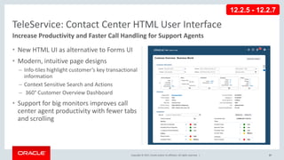 Copyright © 2017, Oracle and/or its affiliates. All rights reserved. |
• New HTML UI as alternative to Forms UI
• Modern, intuitive page designs
– Info-tiles highlight customer’s key transactional
information
– Context Sensitive Search and Actions
– 360° Customer Overview Dashboard
• Support for big monitors improves call
center agent productivity with fewer tabs
and scrolling
87
TeleService: Contact Center HTML User Interface
Increase Productivity and Faster Call Handling for Support Agents
12.2.5 - 12.2.7
 