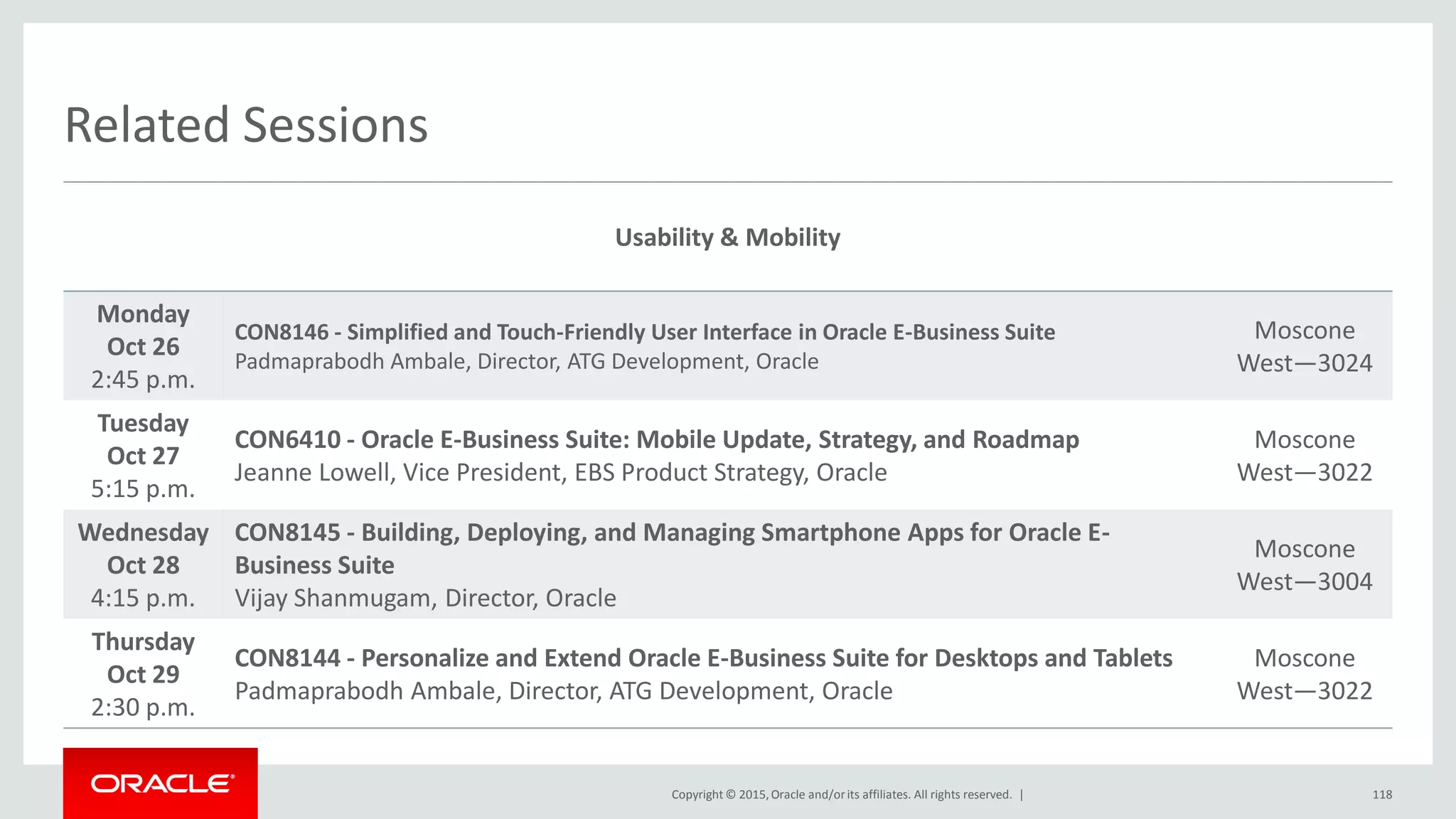 Copyright © 2015,Oracle and/orits affiliates. All rights reserved. |
Related Sessions
Usability & Mobility
Monday
Oct 26
2:45 p.m.
CON8146 - Simplified and Touch-Friendly User Interface in Oracle E-Business Suite
Padmaprabodh Ambale, Director, ATG Development, Oracle
Moscone
West—3024
Tuesday
Oct 27
5:15 p.m.
CON6410 - Oracle E-Business Suite: Mobile Update, Strategy, and Roadmap
Jeanne Lowell, Vice President, EBS Product Strategy, Oracle
Moscone
West—3022
Wednesday
Oct 28
4:15 p.m.
CON8145 - Building, Deploying, and Managing Smartphone Apps for Oracle E-
Business Suite
Vijay Shanmugam, Director, Oracle
Moscone
West—3004
Thursday
Oct 29
2:30 p.m.
CON8144 - Personalize and Extend Oracle E-Business Suite for Desktops and Tablets
Padmaprabodh Ambale, Director, ATG Development, Oracle
Moscone
West—3022
118
 