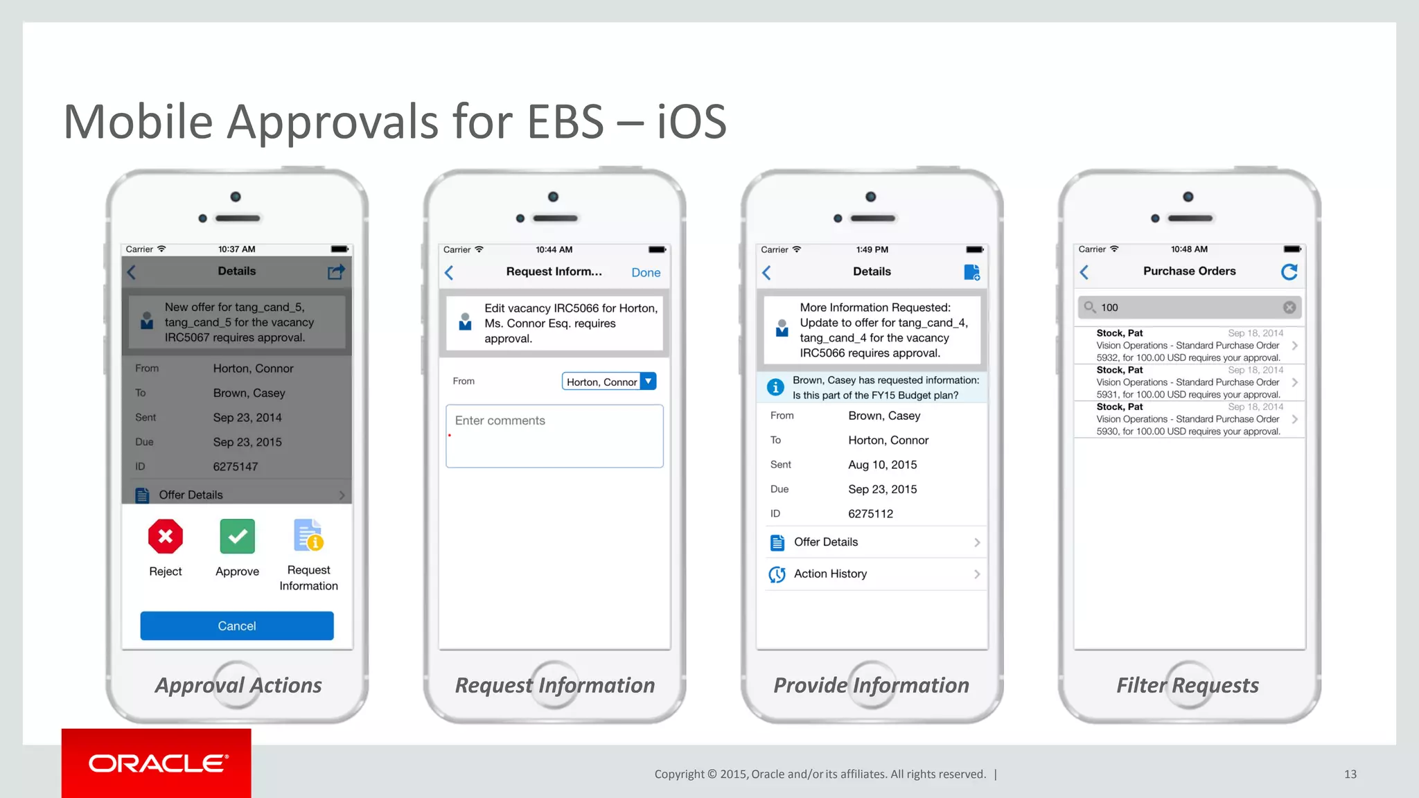 Copyright © 2015,Oracle and/orits affiliates. All rights reserved. |
Mobile Approvals for EBS – iOS
13
Approval Actions Request Information Provide Information Filter Requests
 