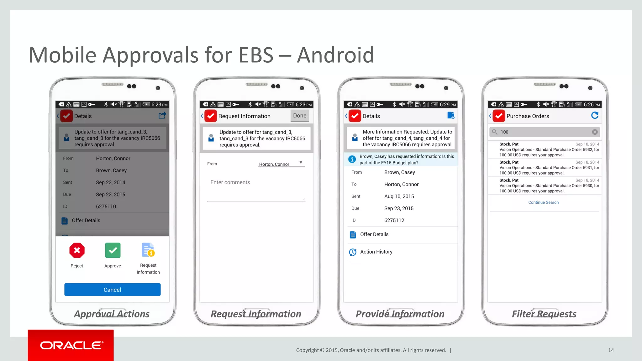 Copyright © 2015,Oracle and/orits affiliates. All rights reserved. |
Mobile Approvals for EBS – Android
Approval Actions Provide Information Filter RequestsRequest Information
14
 