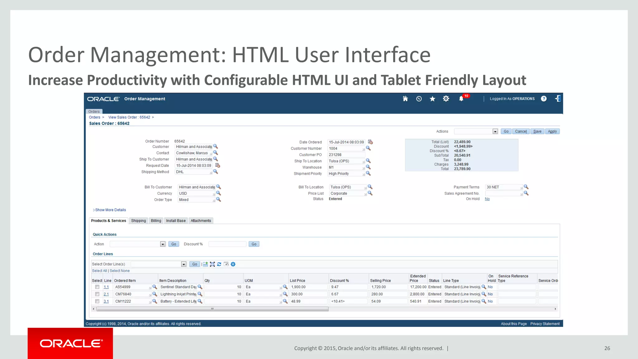 Copyright © 2015,Oracle and/orits affiliates. All rights reserved. | 26
Increase Productivity with Configurable HTML UI and Tablet Friendly Layout
Order Management: HTML User Interface
 