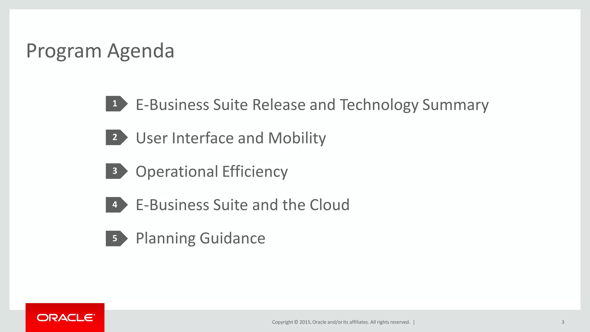 Copyright © 2015,Oracle and/orits affiliates. All rights reserved. |
Program Agenda
E-Business Suite Release and Technology Summary
User Interface and Mobility
Operational Efficiency
E-Business Suite and the Cloud
Planning Guidance
1
2
3
4
5
3
 