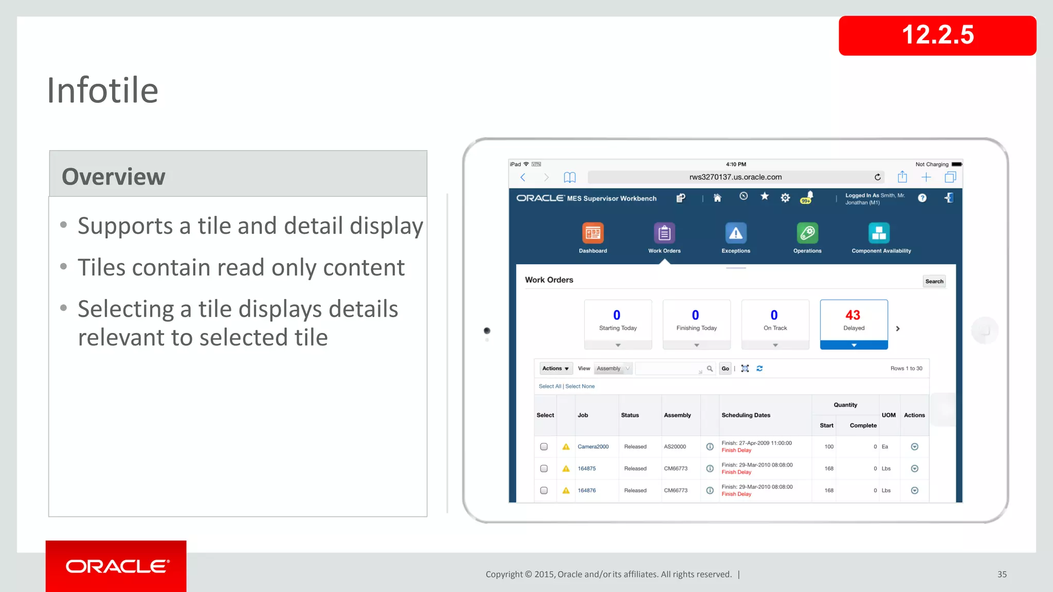 Copyright © 2015,Oracle and/orits affiliates. All rights reserved. | 35
Infotile
• Supports a tile and detail display
• Tiles contain read only content
• Selecting a tile displays details
relevant to selected tile
Overview
12.2.5
 