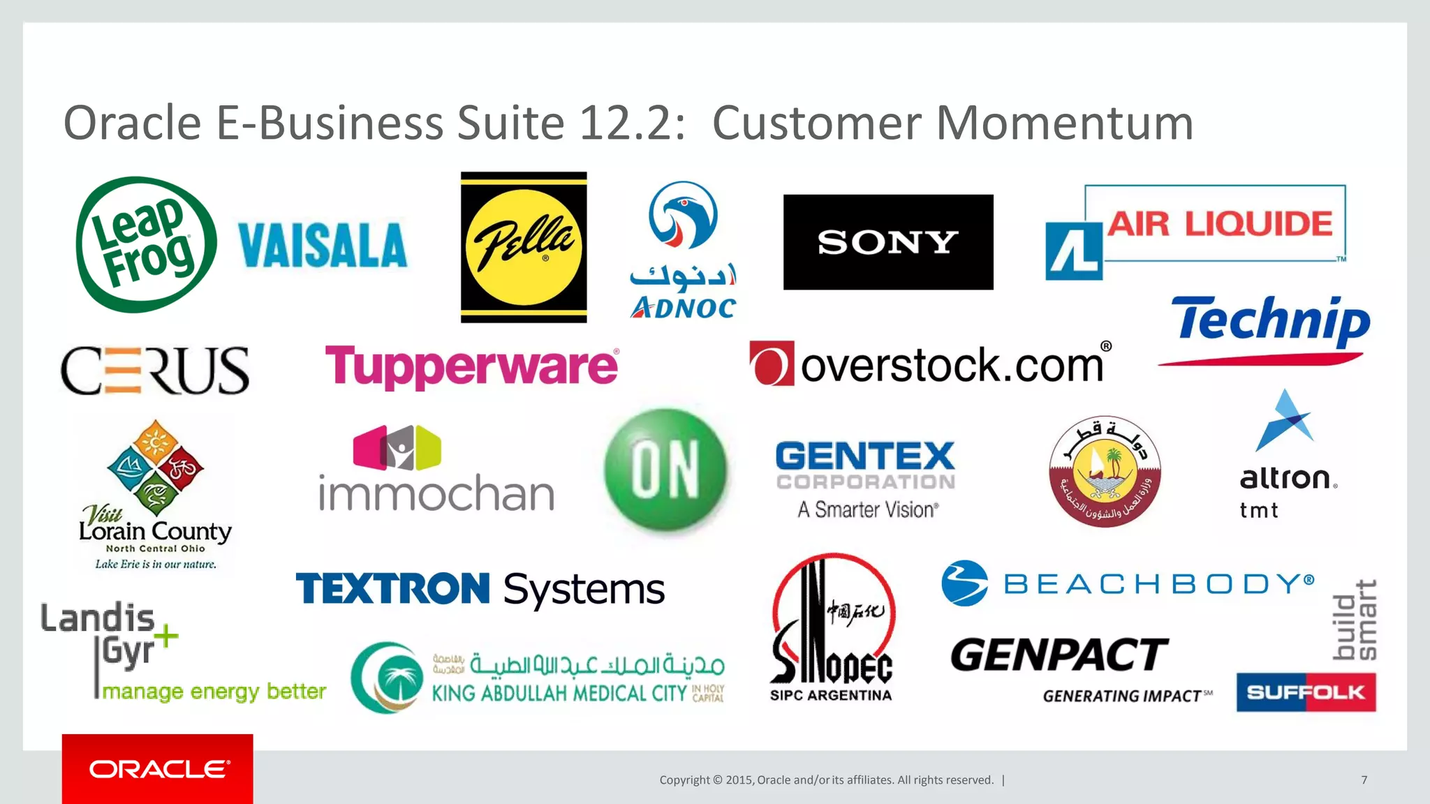 Copyright © 2015,Oracle and/orits affiliates. All rights reserved. |
Oracle E-Business Suite 12.2: Customer Momentum
7
 