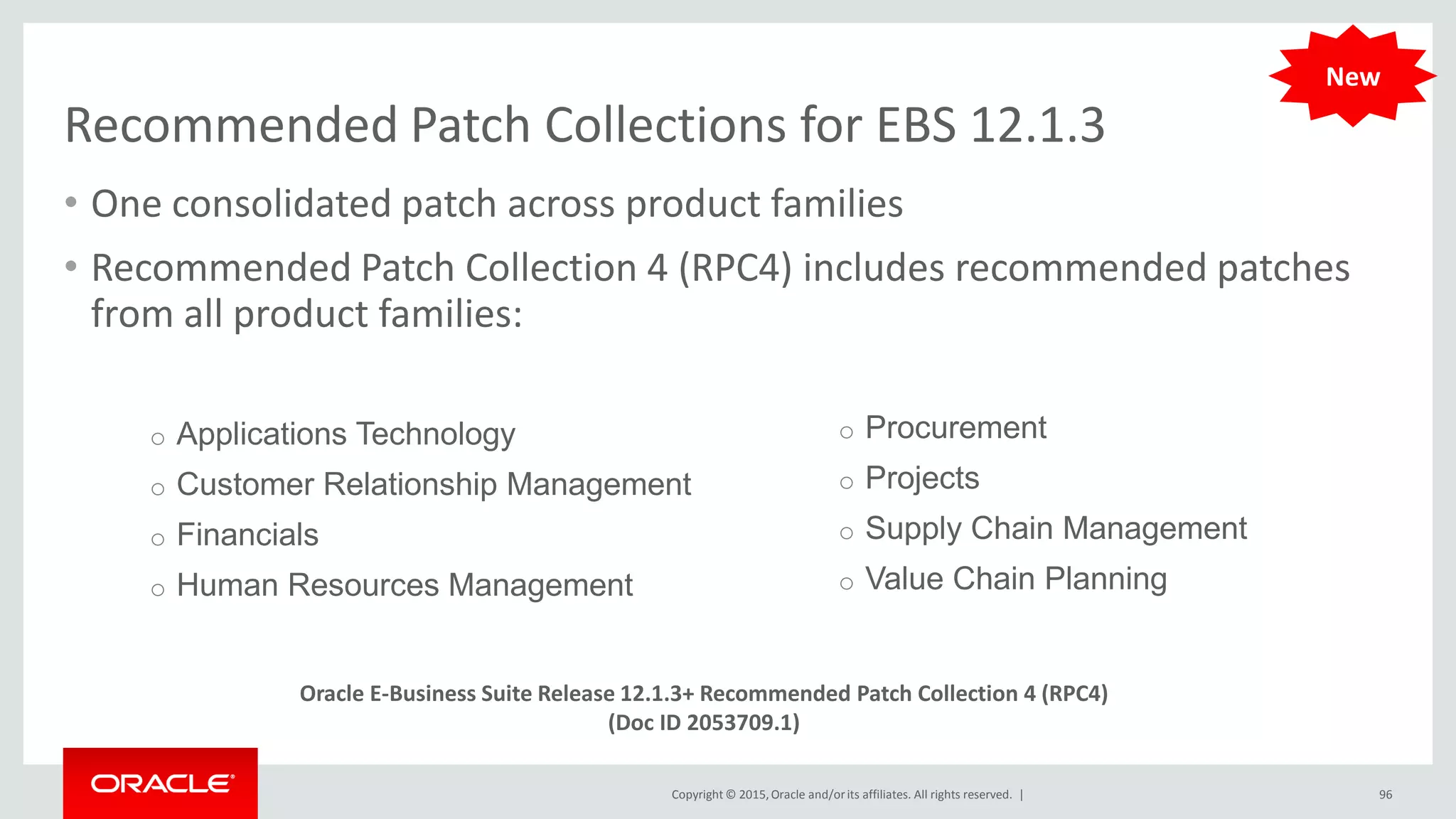 Copyright © 2015,Oracle and/orits affiliates. All rights reserved. |
Recommended Patch Collections for EBS 12.1.3
• One consolidated patch across product families
• Recommended Patch Collection 4 (RPC4) includes recommended patches
from all product families:
o Applications Technology
o Customer Relationship Management
o Financials
o Human Resources Management
New
Oracle E-Business Suite Release 12.1.3+ Recommended Patch Collection 4 (RPC4)
(Doc ID 2053709.1)
o Procurement
o Projects
o Supply Chain Management
o Value Chain Planning
96
 