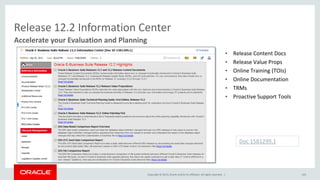 Copyright © 2015,Oracle and/orits affiliates. All rights reserved. |
• Release Content Docs
• Release Value Props
• Online Training (TOIs)
• Online Documentation
• TRMs
• Proactive Support Tools
http://launch.oracle.com/?EBSUpgrade
Accelerate your Evaluation and Planning
Release 12.2 Information Center
Doc 1581299.1
103
 