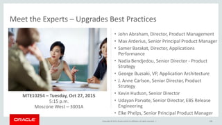 Copyright © 2015,Oracle and/orits affiliates. All rights reserved. |
Meet the Experts – Upgrades Best Practices
108
• John Abraham, Director, Product Management
• Max Arderius, Senior Principal Product Manager
• Samer Barakat, Director, Applications
Performance
• Nadia Bendjedou, Senior Director - Product
Strategy
• George Buzsaki, VP, Application Architecture
• J. Anne Carlson, Senior Director, Product
Strategy
• Kevin Hudson, Senior Director
• Udayan Parvate, Senior Director, EBS Release
Engineering
• Elke Phelps, Senior Principal Product Manager
MTE10254 – Tuesday, Oct 27, 2015
5:15 p.m.
Moscone West – 3001A
 