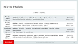Copyright © 2015,Oracle and/orits affiliates. All rights reserved. |
Related Sessions
Usability & Mobility
Monday
Oct 26
2:45 p.m.
CON8146 - Simplified and Touch-Friendly User Interface in Oracle E-Business Suite
Padmaprabodh Ambale, Director, ATG Development, Oracle
Moscone
West—3024
Tuesday
Oct 27
5:15 p.m.
CON6410 - Oracle E-Business Suite: Mobile Update, Strategy, and Roadmap
Jeanne Lowell, Vice President, EBS Product Strategy, Oracle
Moscone
West—3022
Wednesday
Oct 28
4:15 p.m.
CON8145 - Building, Deploying, and Managing Smartphone Apps for Oracle E-
Business Suite
Vijay Shanmugam, Director, Oracle
Moscone
West—3004
Thursday
Oct 29
2:30 p.m.
CON8144 - Personalize and Extend Oracle E-Business Suite for Desktops and Tablets
Padmaprabodh Ambale, Director, ATG Development, Oracle
Moscone
West—3022
118
 