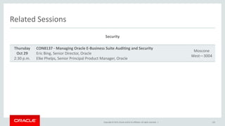 Copyright © 2015,Oracle and/orits affiliates. All rights reserved. |
Related Sessions
Security
Thursday
Oct 29
2:30 p.m.
CON8137 - Managing Oracle E-Business Suite Auditing and Security
Eric Bing, Senior Director, Oracle
Elke Phelps, Senior Principal Product Manager, Oracle
Moscone
West—3004
122
 