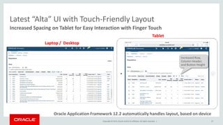 Copyright © 2015,Oracle and/orits affiliates. All rights reserved. | 27
Increased Spacing on Tablet for Easy Interaction with Finger Touch
Latest “Alta” UI with Touch-Friendly Layout
Laptop / Desktop
Tablet
Increased Row,
Column Header,
and Button Height
Oracle Application Framework 12.2 automatically handles layout, based on device
 