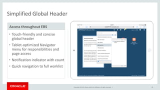 Copyright © 2015,Oracle and/orits affiliates. All rights reserved. | 29
Simplified Global Header
• Touch-friendly and concise
global header
• Tablet-optimized Navigator
menu for responsibilities and
page access
• Notification indicator with count
• Quick navigation to full worklist
Access throughout EBS
 