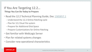 Copyright © 2015,Oracle and/orits affiliates. All rights reserved. |
If You Are Targeting 12.2…
• Read the 12.2 Technical Planning Guide, Doc 1585857.1
– Understand the 12.2 Online Patching cycle
– Plan for 12.2 Dual File system
– Prepare for Additional Disk Space
– Prepare Customizations for Online Patching
• Get familiar with WebLogic Server
• Plan for related systems changes
• Consider new operational characteristics
Things You Can Do Today to Prepare
97
 