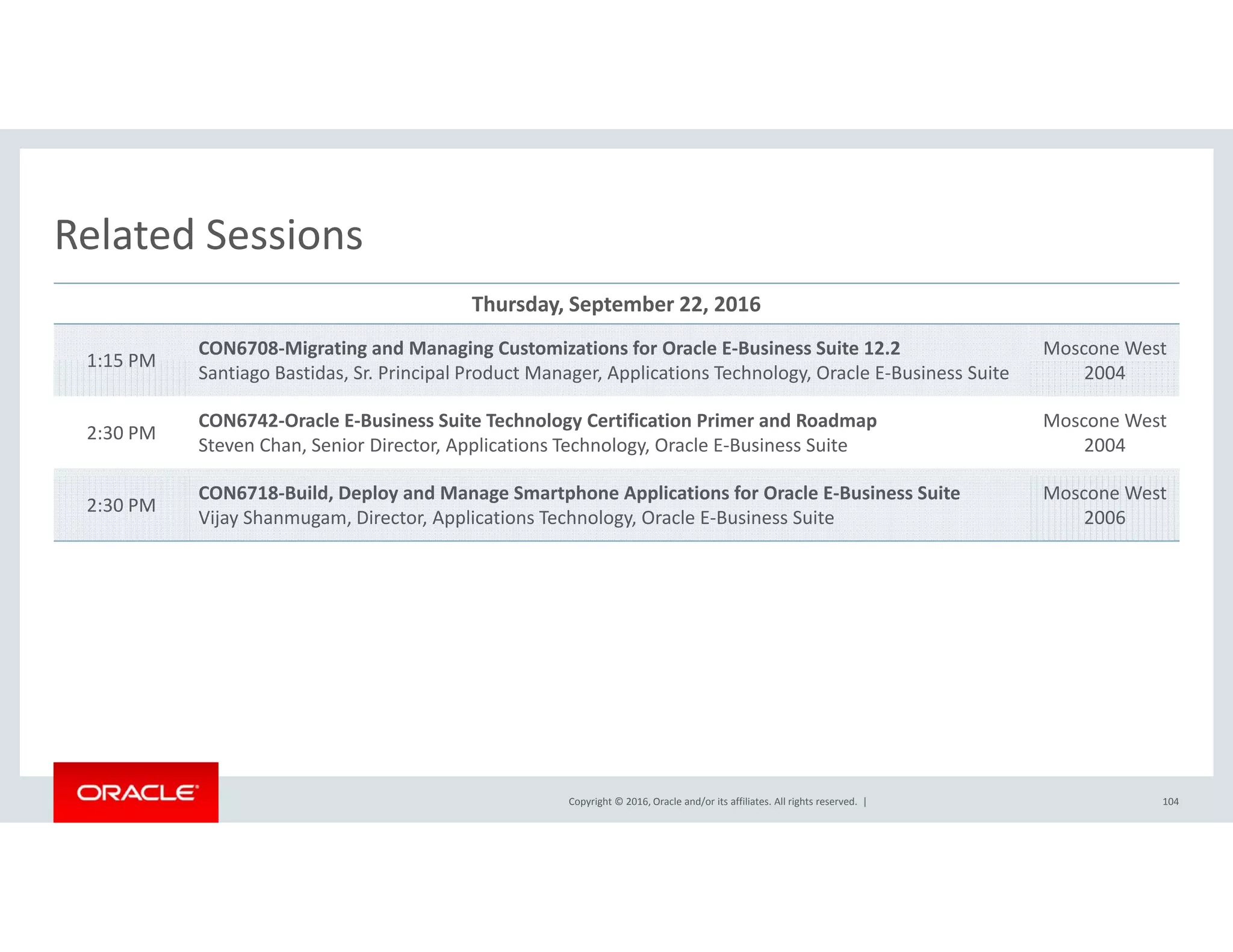 Related SessionsRelated Sessions
Thursday, September 22, 2016
1:15 PM
CON6708‐Migrating and Managing Customizations for Oracle E‐Business Suite 12.2 Moscone West  
1:15 PM
Santiago Bastidas, Sr. Principal Product Manager, Applications Technology, Oracle E‐Business Suite 2004
2:30 PM
CON6742‐Oracle E‐Business Suite Technology Certification Primer and Roadmap
Steven Chan, Senior Director, Applications Technology, Oracle E‐Business Suite
Moscone West  
2004
2:30 PM
CON6718‐Build, Deploy and Manage Smartphone Applications for Oracle E‐Business Suite
Vijay Shanmugam, Director, Applications Technology, Oracle E‐Business Suite
Moscone West  
2006
Copyright © 2016, Oracle and/or its affiliates. All rights reserved.  | 104
 