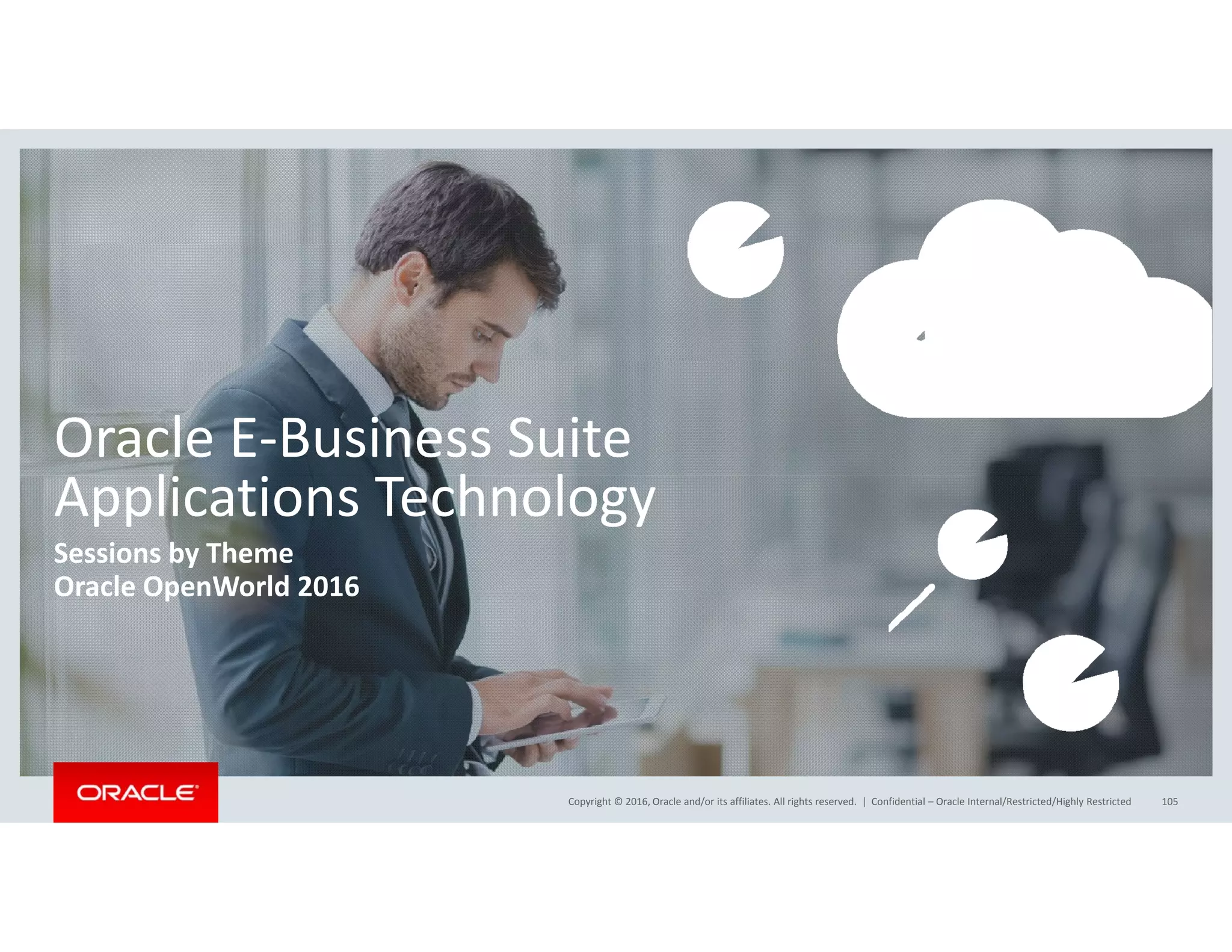 Oracle E‐Business Suite
l h lApplications Technology
Sessions by Theme
Oracle OpenWorld 2016Oracle OpenWorld 2016
Copyright © 2016, Oracle and/or its affiliates. All rights reserved.  | Confidential – Oracle Internal/Restricted/Highly Restricted 105
 
