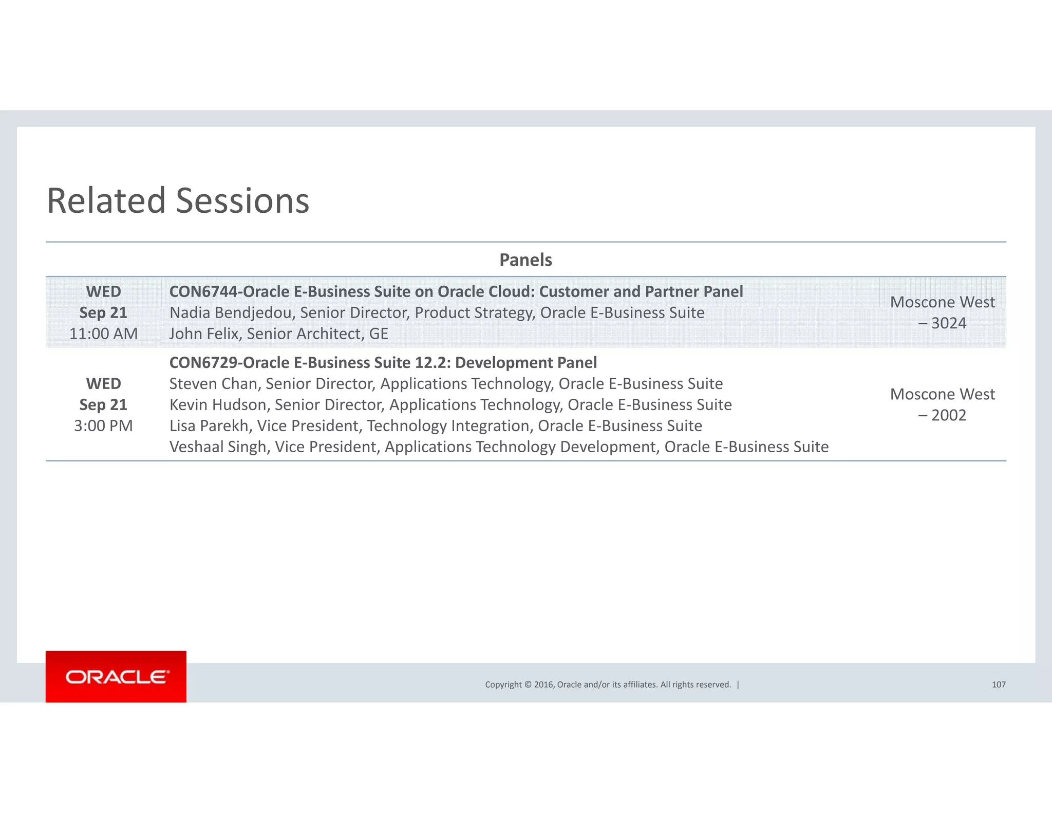 Related SessionsRelated Sessions
Panels
WED
S 21
CON6744‐Oracle E‐Business Suite on Oracle Cloud: Customer and Partner Panel
N di B dj d S i Di P d S O l E B i S i
Moscone West 
Sep 21
11:00 AM
Nadia Bendjedou, Senior Director, Product Strategy, Oracle E‐Business Suite
John Felix, Senior Architect, GE
osco e es
– 3024
WED
Sep 21
CON6729‐Oracle E‐Business Suite 12.2: Development Panel
Steven Chan, Senior Director, Applications Technology, Oracle E‐Business Suite
Kevin Hudson Senior Director Applications Technology Oracle E‐Business Suite
Moscone West 
Sep 21
3:00 PM
Kevin Hudson, Senior Director, Applications Technology, Oracle E‐Business Suite
Lisa Parekh, Vice President, Technology Integration, Oracle E‐Business Suite
Veshaal Singh, Vice President, Applications Technology Development, Oracle E‐Business Suite
– 2002
Copyright © 2016, Oracle and/or its affiliates. All rights reserved.  | 107
 