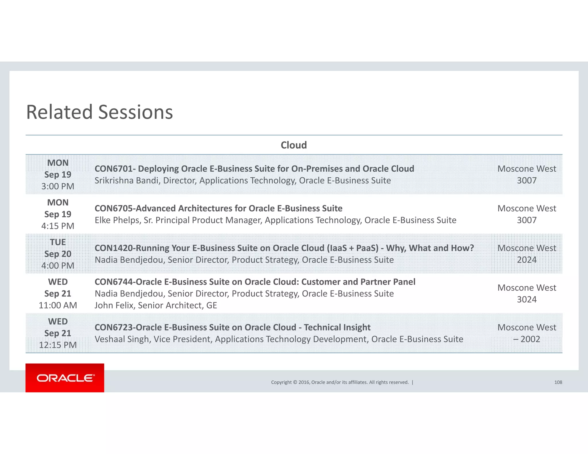 Related SessionsRelated Sessions
Cloud
MON
S 19
CON6701‐ Deploying Oracle E‐Business Suite for On‐Premises and Oracle Cloud Moscone West 
Sep 19
3:00 PM
CO 6 0 ep oy g O ac e us ess Su te o O e ses a d O ac e C oud
Srikrishna Bandi, Director, Applications Technology, Oracle E‐Business Suite
osco e es
3007
MON
Sep 19
4:15 PM
CON6705‐Advanced Architectures for Oracle E‐Business Suite
Elke Phelps, Sr. Principal Product Manager, Applications Technology, Oracle E‐Business Suite
Moscone West  
3007
4:15 PM
TUE
Sep 20
4:00 PM
CON1420‐Running Your E‐Business Suite on Oracle Cloud (IaaS + PaaS) ‐ Why, What and How?
Nadia Bendjedou, Senior Director, Product Strategy, Oracle E‐Business Suite
Moscone West  
2024
WED CON6744 Oracle E Business Suite on Oracle Cloud: Customer and Partner PanelWED
Sep 21
11:00 AM
CON6744‐Oracle E‐Business Suite on Oracle Cloud: Customer and Partner Panel
Nadia Bendjedou, Senior Director, Product Strategy, Oracle E‐Business Suite
John Felix, Senior Architect, GE
Moscone West  
3024
WED
Sep 21
CON6723‐Oracle E‐Business Suite on Oracle Cloud ‐ Technical Insight
V h l Si h Vi P id t A li ti T h l D l t O l E B i S it
Moscone West 
2002
Copyright © 2016, Oracle and/or its affiliates. All rights reserved.  |
p
12:15 PM
Veshaal Singh, Vice President, Applications Technology Development, Oracle E‐Business Suite – 2002
108
 