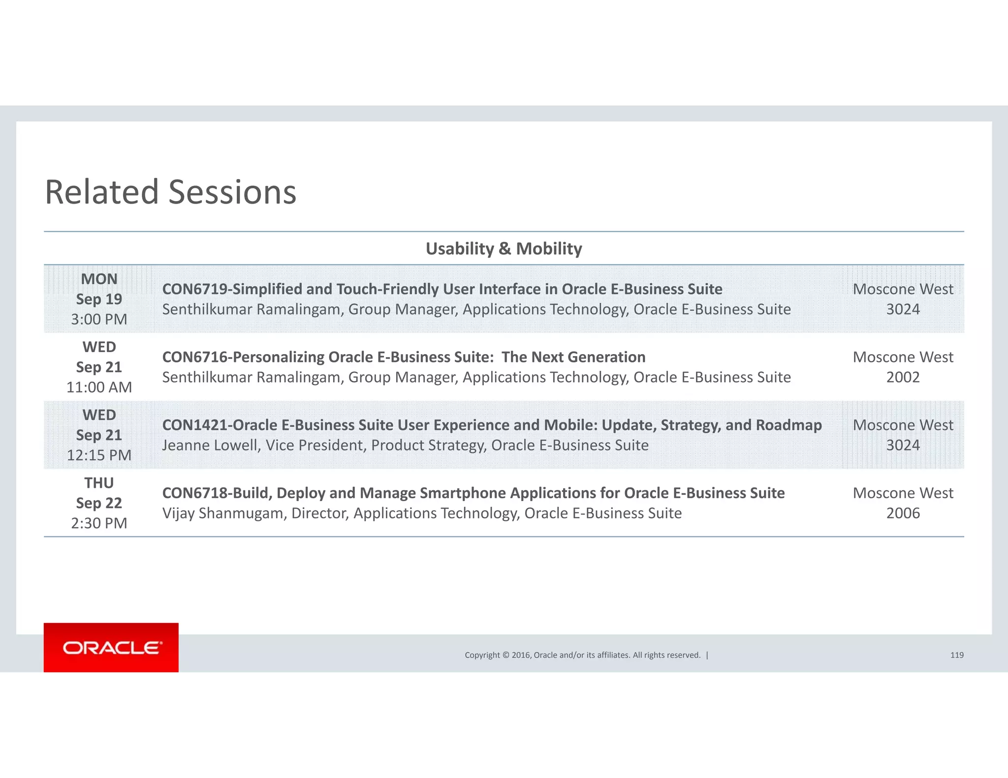 Related SessionsRelated Sessions
Usability & Mobility
MON
S 19
CON6719‐Simplified and Touch‐Friendly User Interface in Oracle E‐Business Suite Moscone West  
Sep 19
3:00 PM
CO 6 9 S p ed a d ouc e d y Use te ace O ac e us ess Su te
Senthilkumar Ramalingam, Group Manager, Applications Technology, Oracle E‐Business Suite
osco e es
3024
WED
Sep 21
11:00 AM
CON6716‐Personalizing Oracle E‐Business Suite:  The Next Generation
Senthilkumar Ramalingam, Group Manager, Applications Technology, Oracle E‐Business Suite
Moscone West 
2002
11:00 AM
WED
Sep 21
12:15 PM
CON1421‐Oracle E‐Business Suite User Experience and Mobile: Update, Strategy, and Roadmap
Jeanne Lowell, Vice President, Product Strategy, Oracle E‐Business Suite
Moscone West  
3024
THUTHU
Sep 22
2:30 PM
CON6718‐Build, Deploy and Manage Smartphone Applications for Oracle E‐Business Suite
Vijay Shanmugam, Director, Applications Technology, Oracle E‐Business Suite
Moscone West  
2006
Copyright © 2016, Oracle and/or its affiliates. All rights reserved.  | 119
 