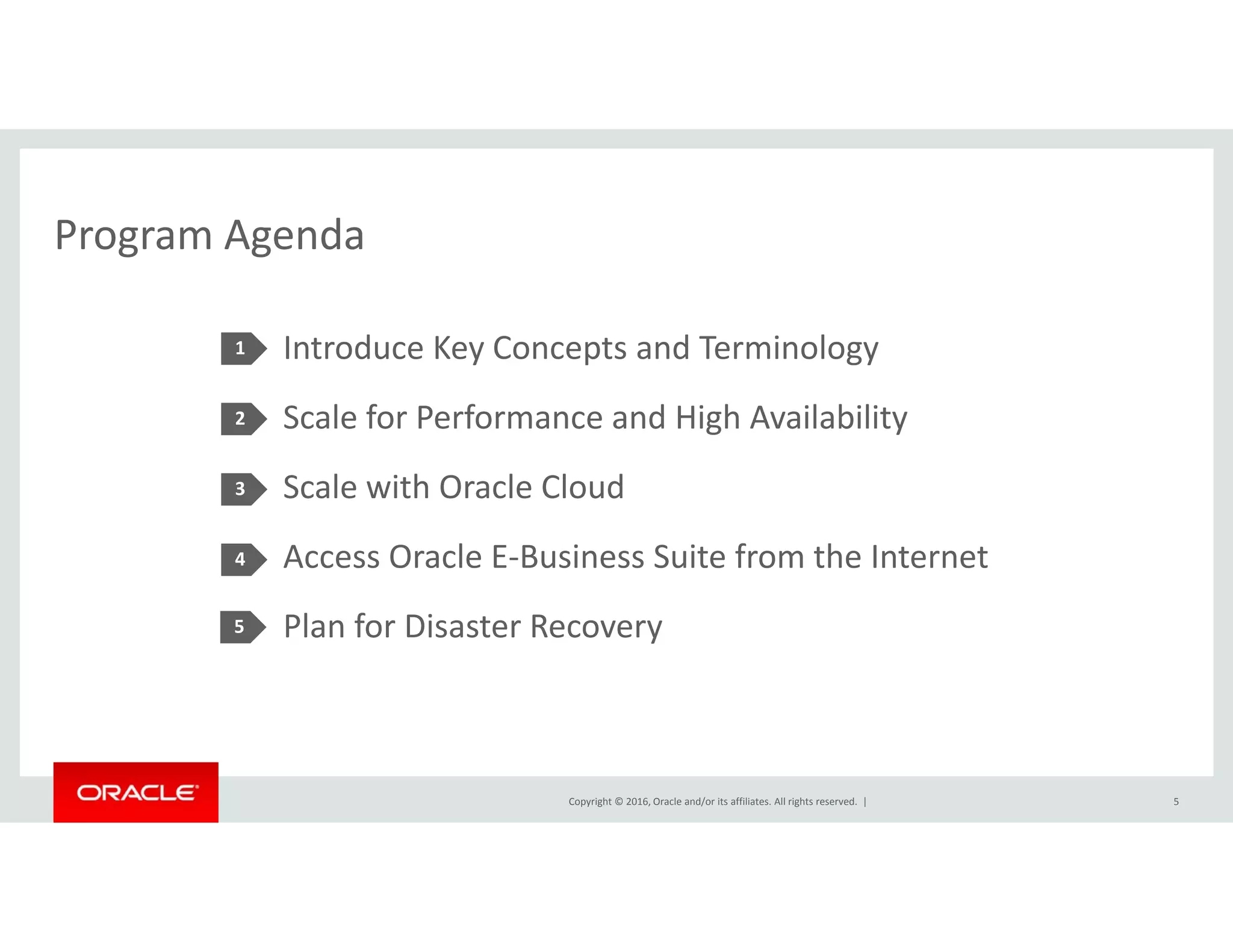 Program AgendaProgram Agenda
Introduce Key Concepts and Terminology1 y p gy
Scale for Performance and High Availability
S l i h O l Cl d
2
Scale with Oracle Cloud
Access Oracle E‐Business Suite from the Internet
3
4
Plan for Disaster Recovery5
Copyright © 2016, Oracle and/or its affiliates. All rights reserved.  | 5
 
