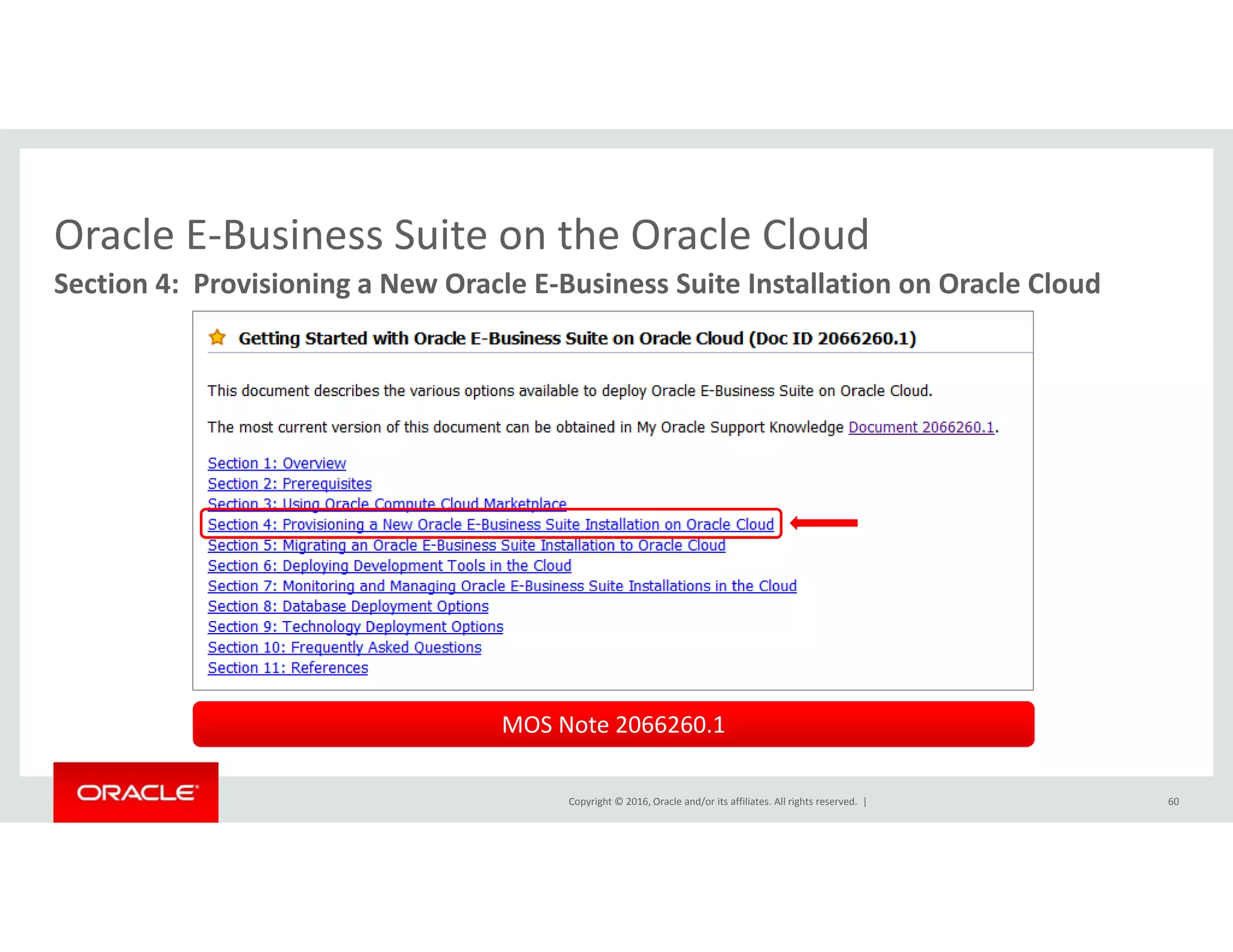 Oracle E‐Business Suite on the Oracle CloudOracle E Business Suite on the Oracle Cloud
Section 4:  Provisioning a New Oracle E‐Business Suite Installation on Oracle Cloud
Copyright © 2016, Oracle and/or its affiliates. All rights reserved.  | 60
MOS Note 2066260.1
 
