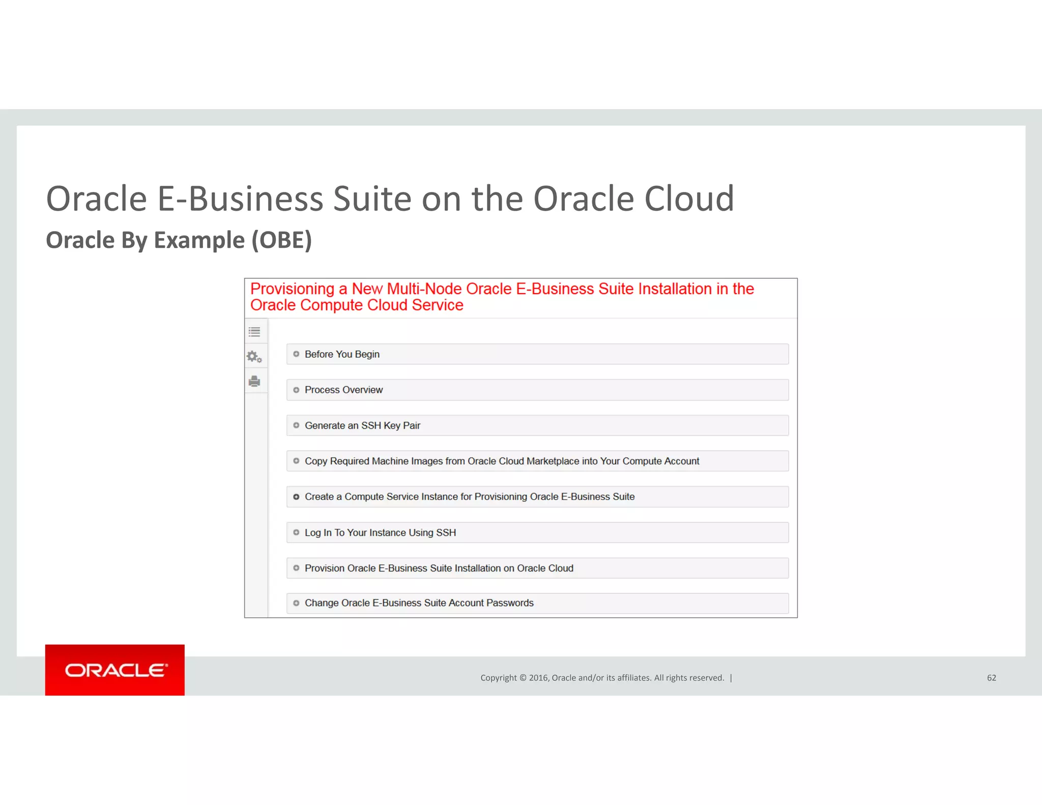 Oracle E‐Business Suite on the Oracle CloudOracle E Business Suite on the Oracle Cloud
Oracle By Example (OBE)
Copyright © 2016, Oracle and/or its affiliates. All rights reserved.  | 62
 