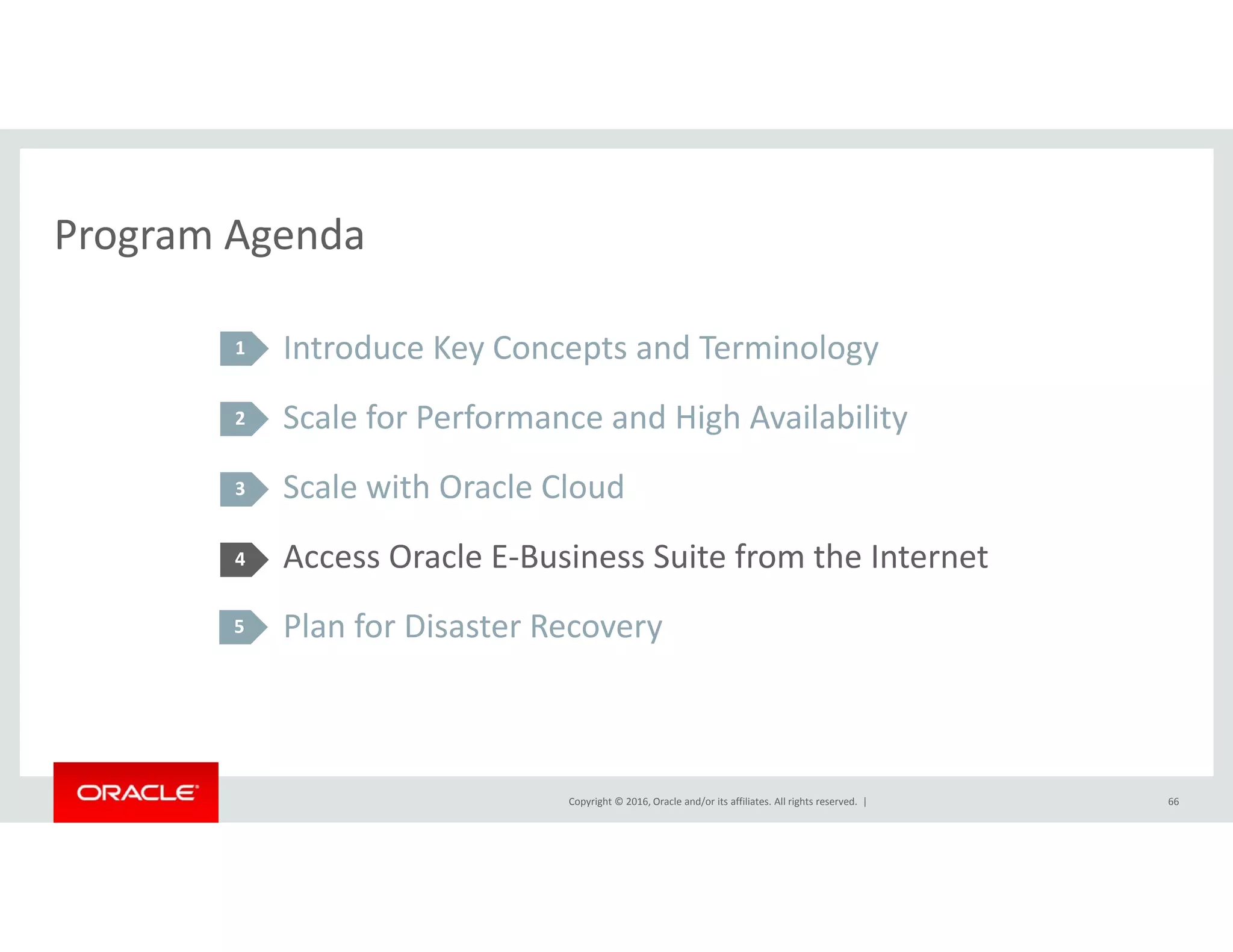 Program AgendaProgram Agenda
Introduce Key Concepts and Terminology1 y p gy
Scale for Performance and High Availability
S l i h O l Cl d
2
Scale with Oracle Cloud
Access Oracle E‐Business Suite from the Internet
3
4
Plan for Disaster Recovery5
Copyright © 2016, Oracle and/or its affiliates. All rights reserved.  | 66
 
