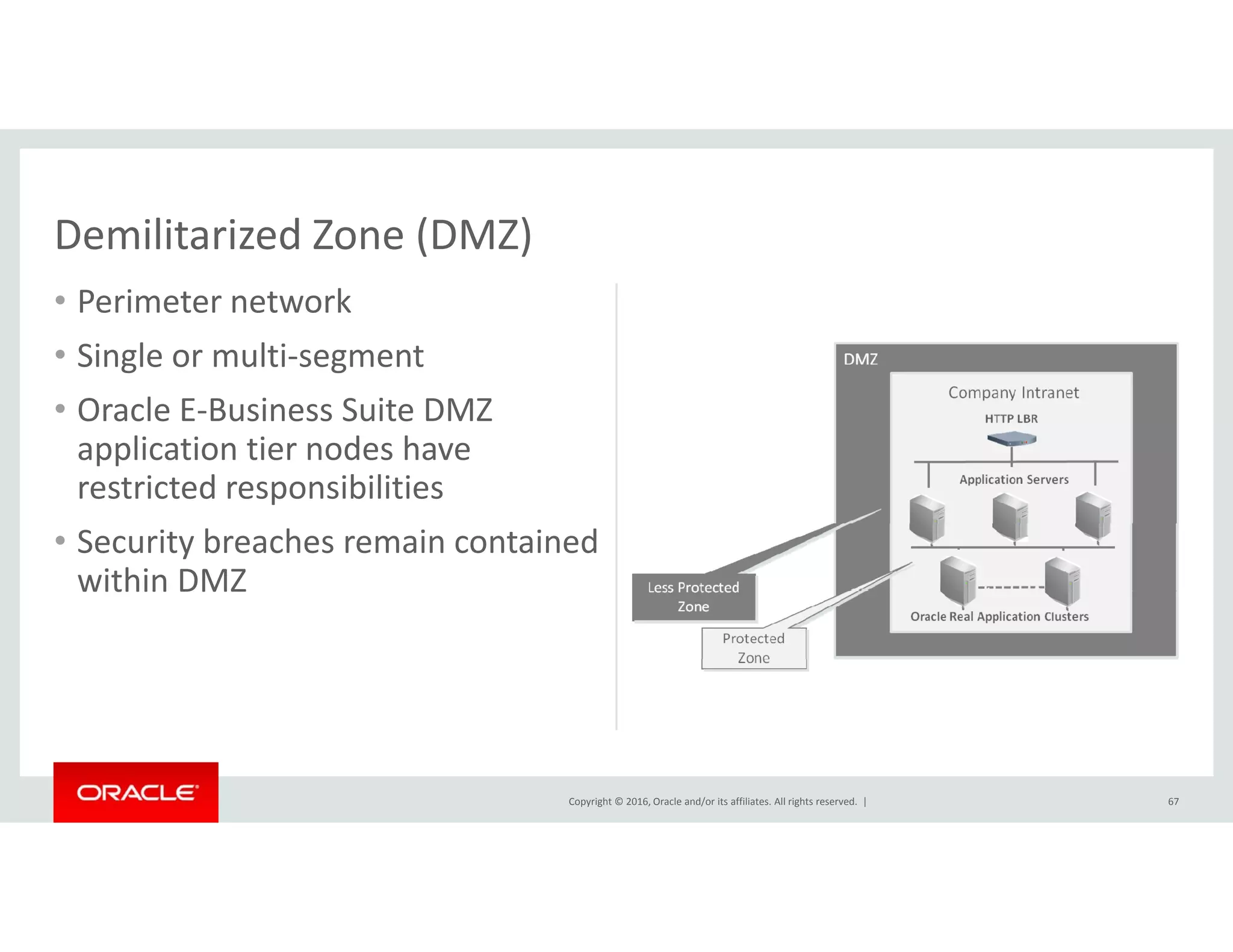Demilitarized Zone (DMZ)
• Perimeter network
• Single or multi‐segment
Demilitarized Zone (DMZ)
Single or multi segment
• Oracle E‐Business Suite DMZ 
application tier nodes have 
i d ibili irestricted responsibilities
• Security breaches remain contained 
within DMZwithin DMZ
Copyright © 2016, Oracle and/or its affiliates. All rights reserved.  | 67
 