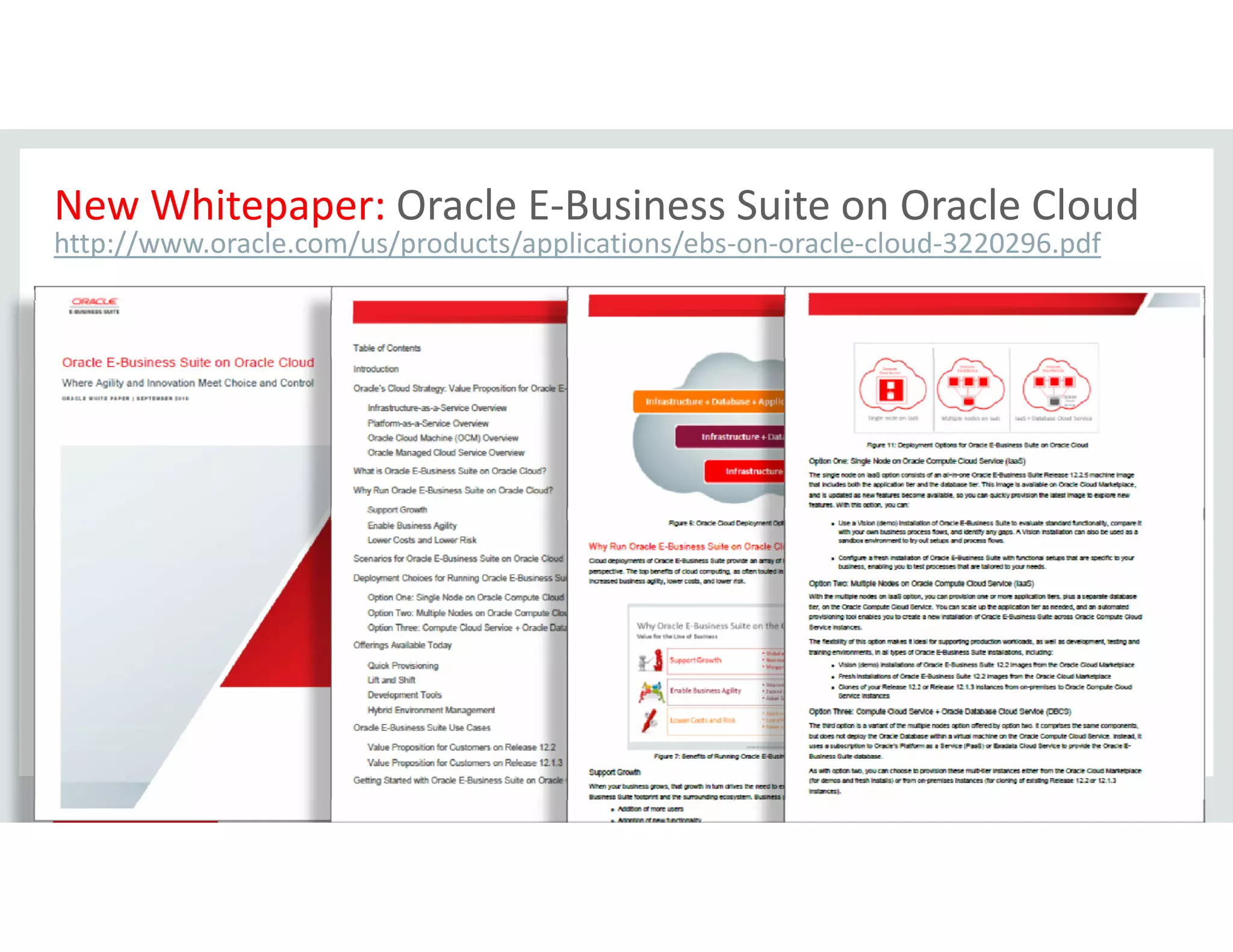 New Whitepaper: Oracle E‐Business Suite on Oracle Cloud
http://www oracle com/us/products/applications/ebs‐on‐oracle‐cloud‐3220296 pdfhttp://www.oracle.com/us/products/applications/ebs‐on‐oracle‐cloud‐3220296.pdf
Copyright © 2016, Oracle and/or its affiliates. All rights reserved.  | 91
 