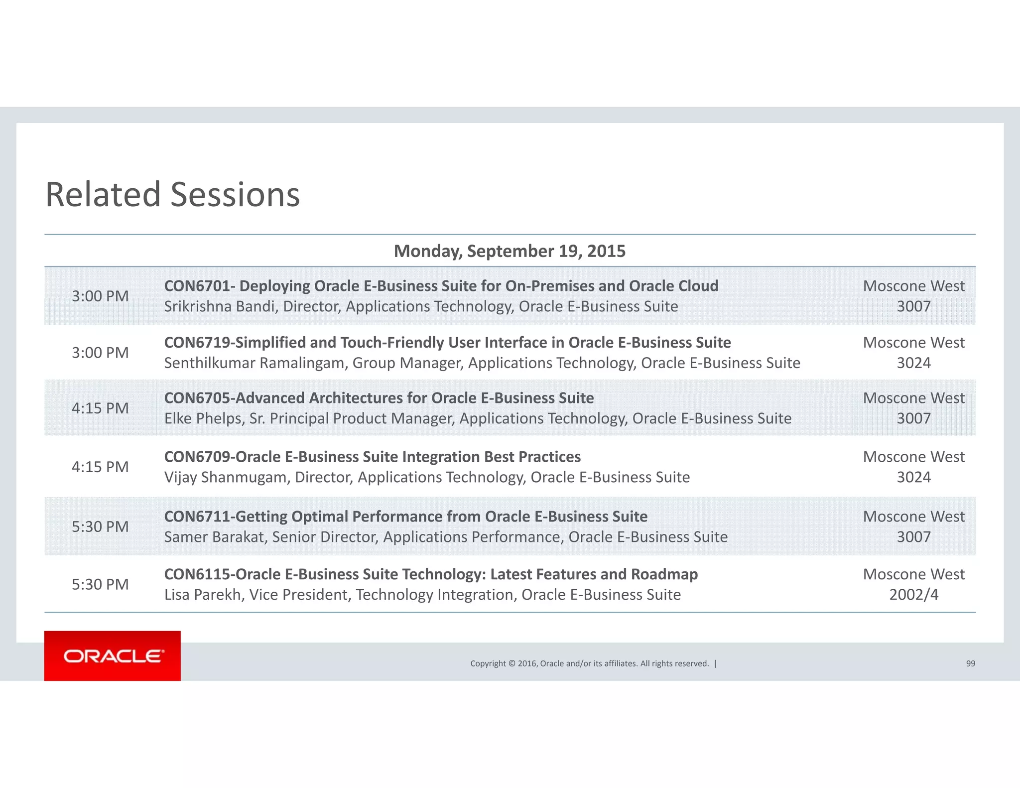Related SessionsRelated Sessions
Monday, September 19, 2015
3:00 PM
CON6701‐ Deploying Oracle E‐Business Suite for On‐Premises and Oracle Cloud Moscone West 
3:00 PM
Srikrishna Bandi, Director, Applications Technology, Oracle E‐Business Suite 3007
3:00 PM
CON6719‐Simplified and Touch‐Friendly User Interface in Oracle E‐Business Suite
Senthilkumar Ramalingam, Group Manager, Applications Technology, Oracle E‐Business Suite
Moscone West
3024
CON6705 Ad d A hit t f O l E B i S it M W t
4:15 PM
CON6705‐Advanced Architectures for Oracle E‐Business Suite
Elke Phelps, Sr. Principal Product Manager, Applications Technology, Oracle E‐Business Suite
Moscone West
3007
4:15 PM
CON6709‐Oracle E‐Business Suite Integration Best Practices
Vijay Shanmugam, Director, Applications Technology, Oracle E‐Business Suite
Moscone West
3024
5:30 PM
CON6711‐Getting Optimal Performance from Oracle E‐Business Suite
Samer Barakat, Senior Director, Applications Performance, Oracle E‐Business Suite
Moscone West
3007
5:30 PM
CON6115‐Oracle E‐Business Suite Technology: Latest Features and Roadmap Moscone West
Copyright © 2016, Oracle and/or its affiliates. All rights reserved.  |
5:30 PM
Lisa Parekh, Vice President, Technology Integration, Oracle E‐Business Suite 2002/4
99
 