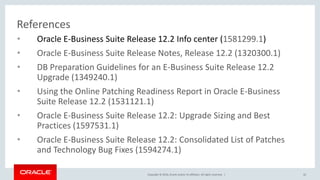 Copyright © 2016, Oracle and/or its affiliates. All rights reserved. |
References
• Oracle E-Business Suite Release 12.2 Info center (1581299.1)
• Oracle E-Business Suite Release Notes, Release 12.2 (1320300.1)
• DB Preparation Guidelines for an E-Business Suite Release 12.2
Upgrade (1349240.1)
• Using the Online Patching Readiness Report in Oracle E-Business
Suite Release 12.2 (1531121.1)
• Oracle E-Business Suite Release 12.2: Upgrade Sizing and Best
Practices (1597531.1)
• Oracle E-Business Suite Release 12.2: Consolidated List of Patches
and Technology Bug Fixes (1594274.1)
42
 