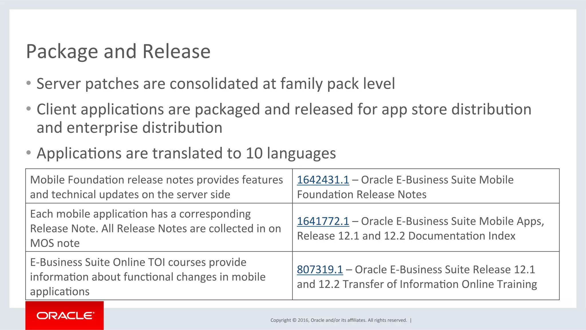 Copyright	©	2016,	Oracle	and/or	its	aﬃliates.	All	rights	reserved.		|	
Package	and	Release	
Mobile	FoundaEon	release	notes	provides	features	
and	technical	updates	on	the	server	side	
1642431.1	–	Oracle	E-Business	Suite	Mobile	
FoundaEon	Release	Notes	
Each	mobile	applicaEon	has	a	corresponding	
Release	Note.	All	Release	Notes	are	collected	in	on	
MOS	note	
1641772.1	–	Oracle	E-Business	Suite	Mobile	Apps,	
Release	12.1	and	12.2	DocumentaEon	Index	
E-Business	Suite	Online	TOI	courses	provide	
informaEon	about	funcEonal	changes	in	mobile	
applicaEons	
807319.1	–	Oracle	E-Business	Suite	Release	12.1	
and	12.2	Transfer	of	InformaEon	Online	Training	
•  Server	patches	are	consolidated	at	family	pack	level	
•  Client	applicaEons	are	packaged	and	released	for	app	store	distribuEon	
and	enterprise	distribuEon	
•  ApplicaEons	are	translated	to	10	languages	
 