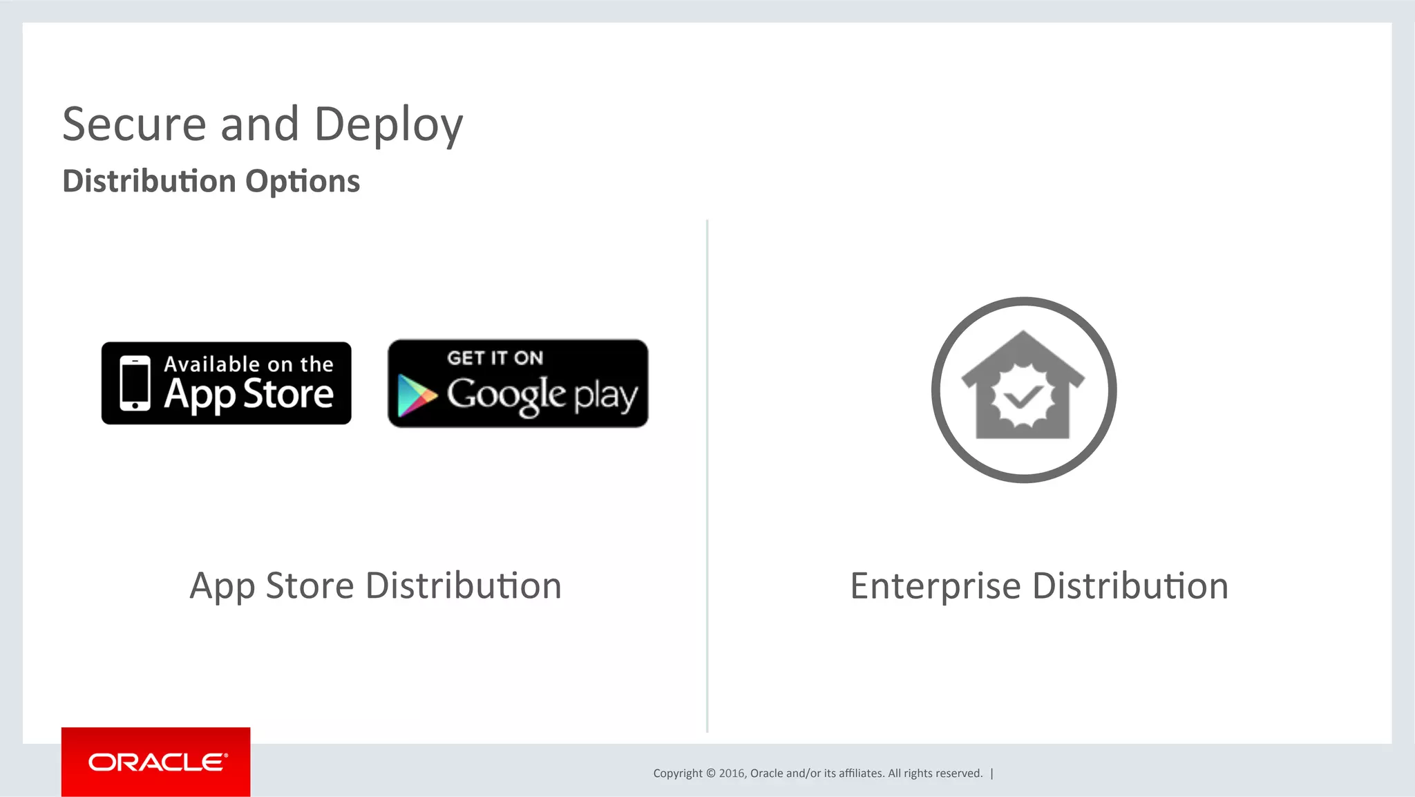 Copyright	©	2016,	Oracle	and/or	its	aﬃliates.	All	rights	reserved.		|	
Secure	and	Deploy	
Distribu6on	Op6ons	
	
App	Store	DistribuEon	 Enterprise	DistribuEon	
 