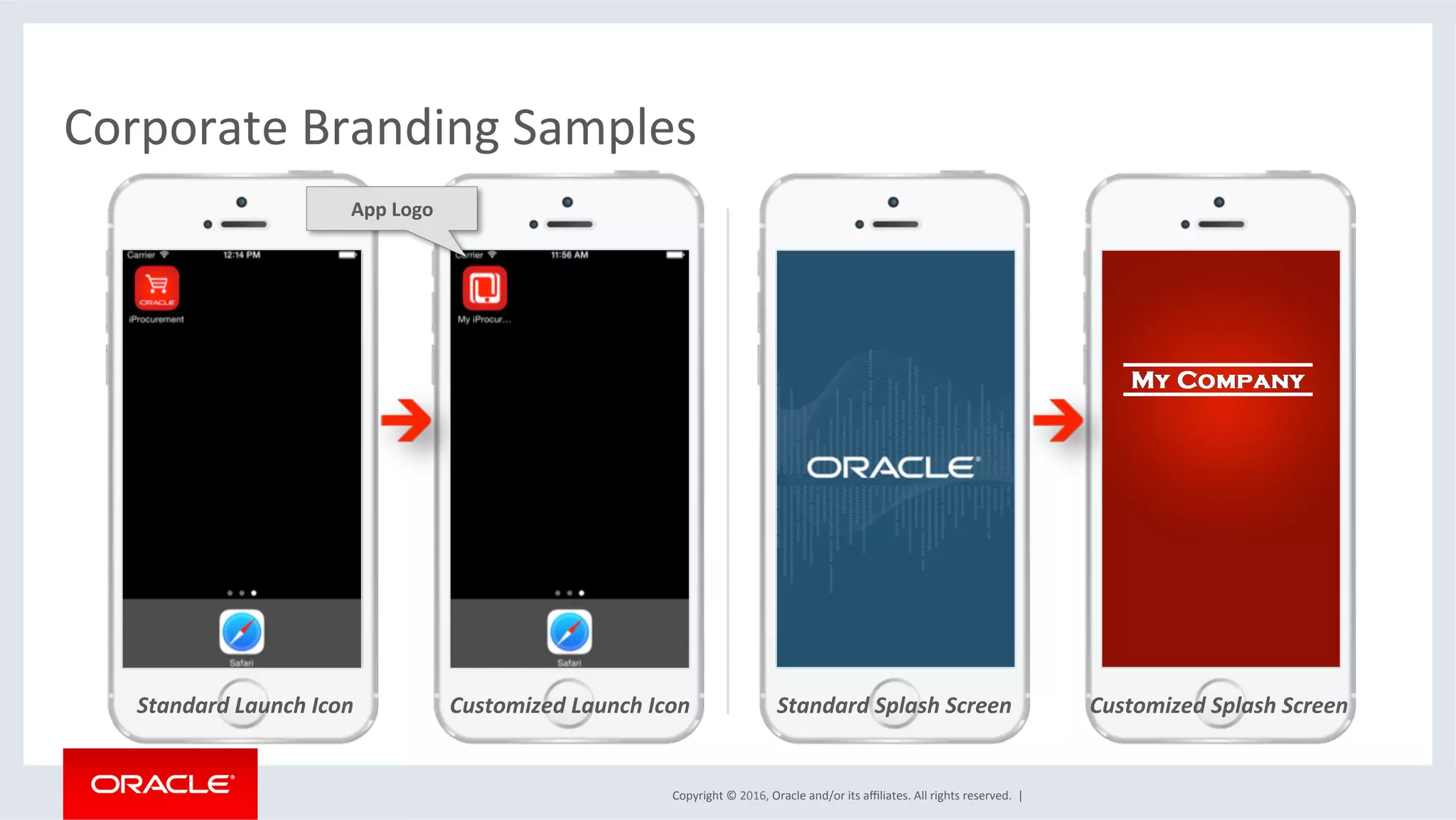 Copyright	©	2016,	Oracle	and/or	its	aﬃliates.	All	rights	reserved.		|	
Corporate	Branding	Samples	
Standard	Launch	Icon	 Customized	Launch	Icon	 Standard	Splash	Screen	 Customized	Splash	Screen	
App	Logo	
 