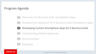Copyright	©	2016,	Oracle	and/or	its	aﬃliates.	All	rights	reserved.		|	
Program	Agenda	
Overview	of	E-Business	Suite	Smartphone	Apps	
Development	Approach	for	E-Business	Suite	Smartphone	Apps	
Developing	Custom	Smartphone	Apps	for	E-Business	Suite	
ImplemenEng	Mobile	Approvals	
DemonstraEon	
Roadmap	
1	
2	
3	
4	
5	
6	
 