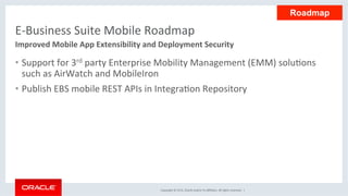 Copyright	©	2016,	Oracle	and/or	its	aﬃliates.	All	rights	reserved.		|	
E-Business	Suite	Mobile	Roadmap	
•  Support	for	3rd	party	Enterprise	Mobility	Management	(EMM)	soluEons	
such	as	AirWatch	and	MobileIron	
•  Publish	EBS	mobile	REST	APIs	in	IntegraEon	Repository	
Improved	Mobile	App	Extensibility	and	Deployment	Security	
Roadmap
 