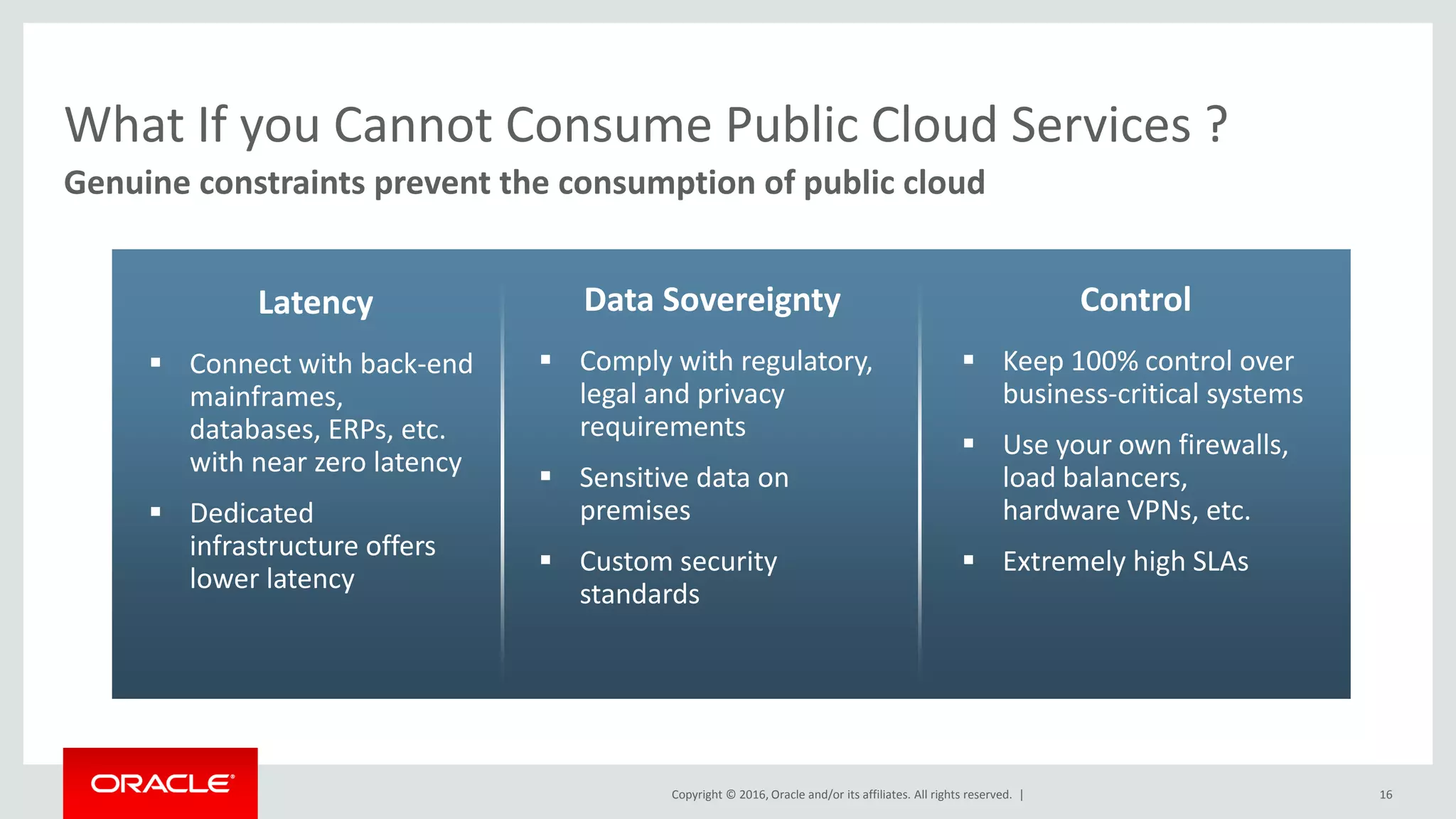 Copyright © 2016, Oracle and/or its affiliates. All rights reserved. |
What If you Cannot Consume Public Cloud Services ?
16
Genuine constraints prevent the consumption of public cloud
 Connect with back-end
mainframes,
databases, ERPs, etc.
with near zero latency
 Dedicated
infrastructure offers
lower latency
Latency
 Comply with regulatory,
legal and privacy
requirements
 Sensitive data on
premises
 Custom security
standards
Data Sovereignty
 Keep 100% control over
business-critical systems
 Use your own firewalls,
load balancers,
hardware VPNs, etc.
 Extremely high SLAs
Control
 